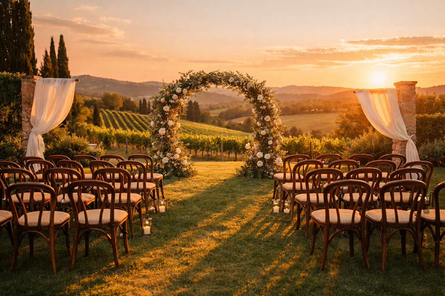 Gay wedding ceremony setup at Tuscan villa with floral arch at sunset