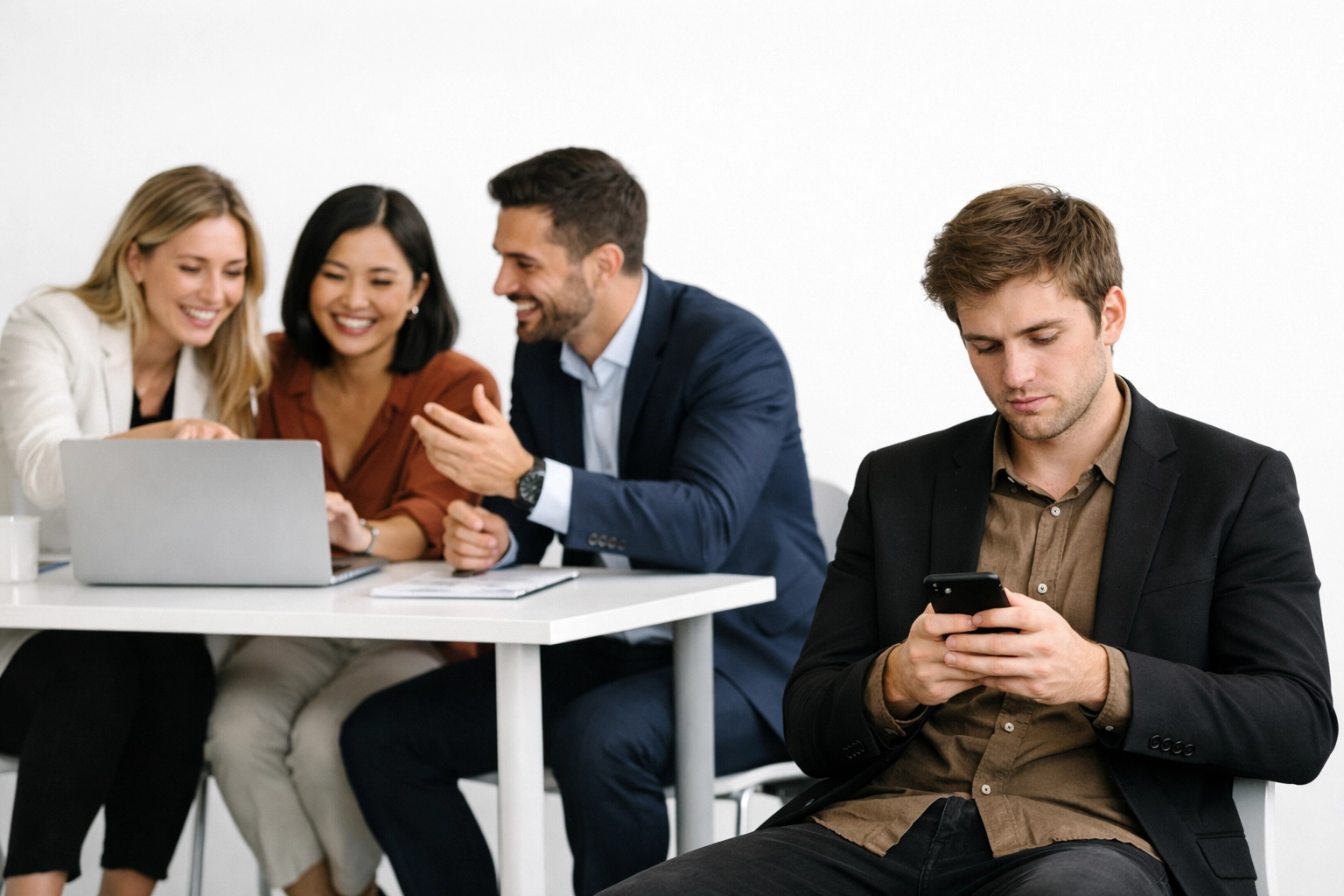 Disengaged employee isolated from collaborative team showing performance issues