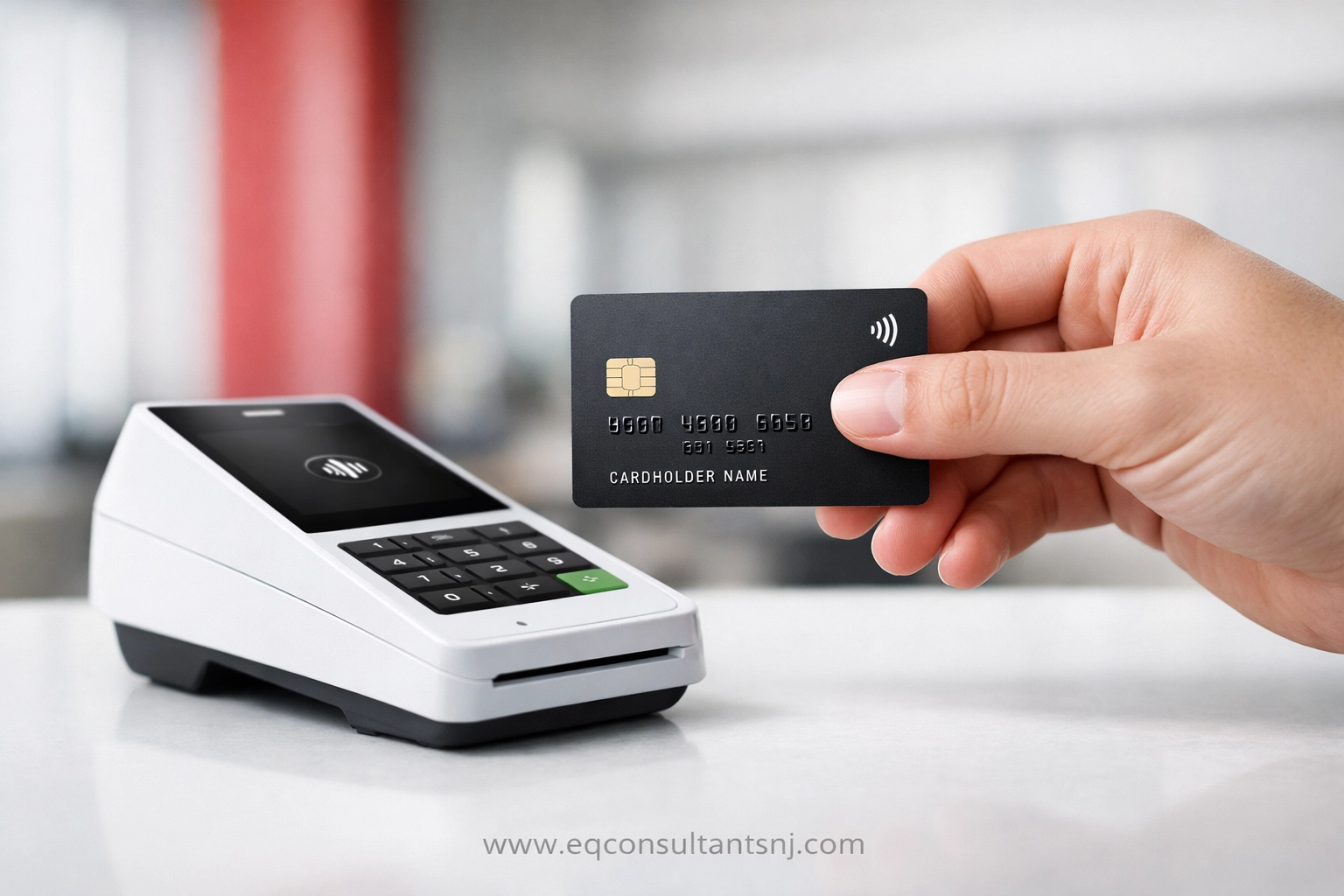 Client using a credit card at a payment terminal, illustrating automated payment systems for solopreneurs.