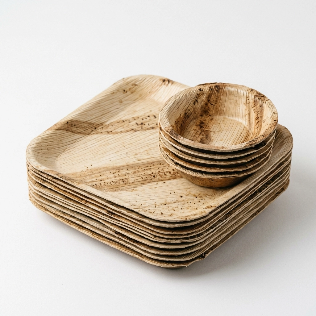 A stack of eco-friendly Arecanut leaf plates showing natural textures