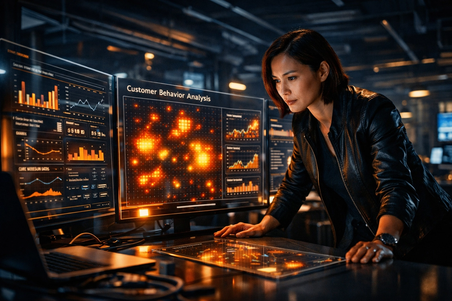 A tech founder analyzing data heatmaps to establish market validation for an AI startup.