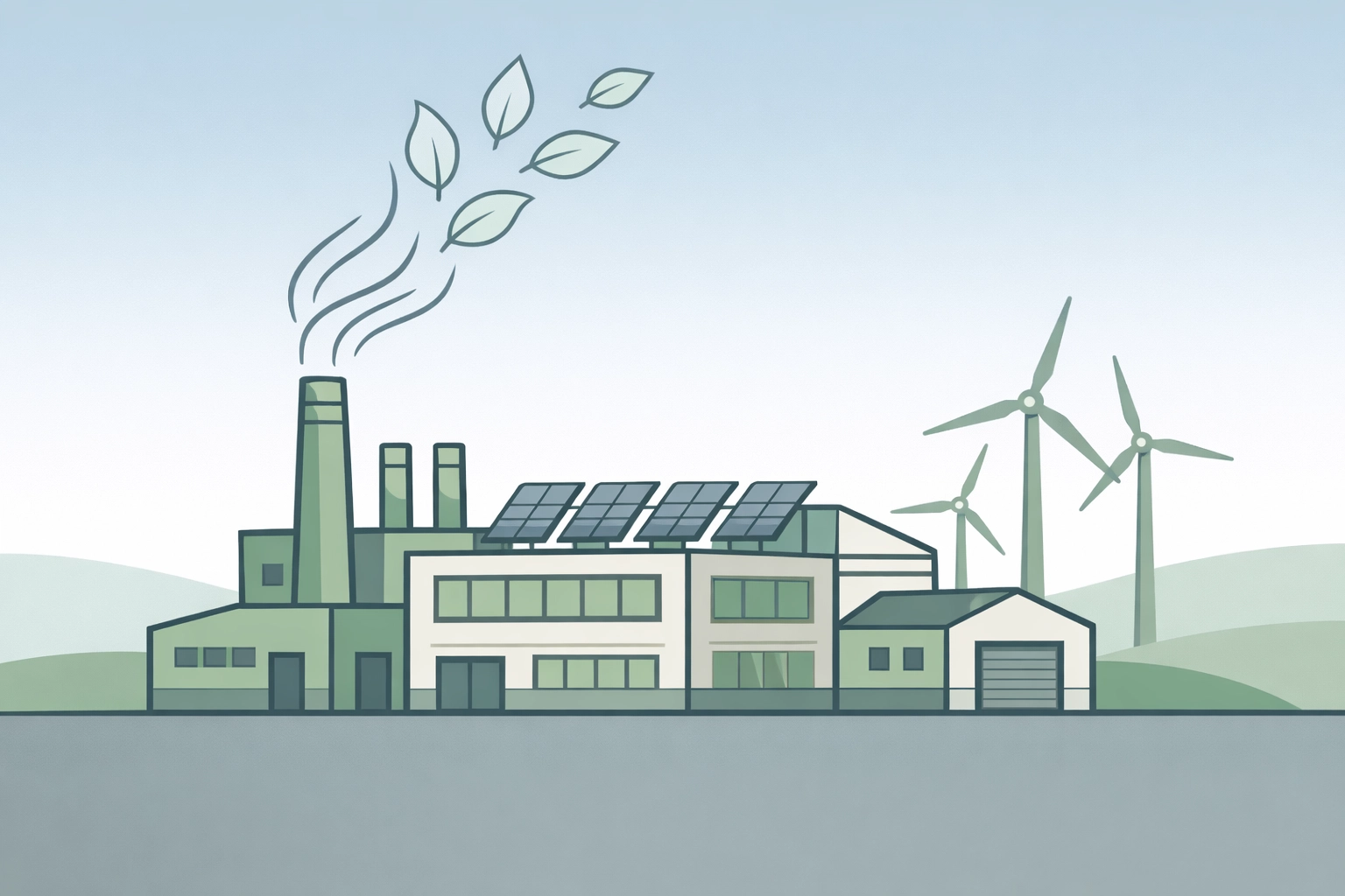 Factory with renewable energy solar panels and wind turbines reducing carbon emissions to achieve net zero