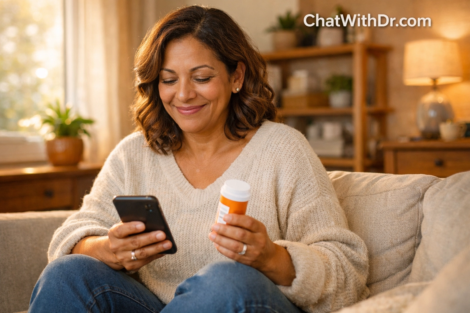 Woman at home getting prescription refill for chronic condition via telehealth on smartphone
