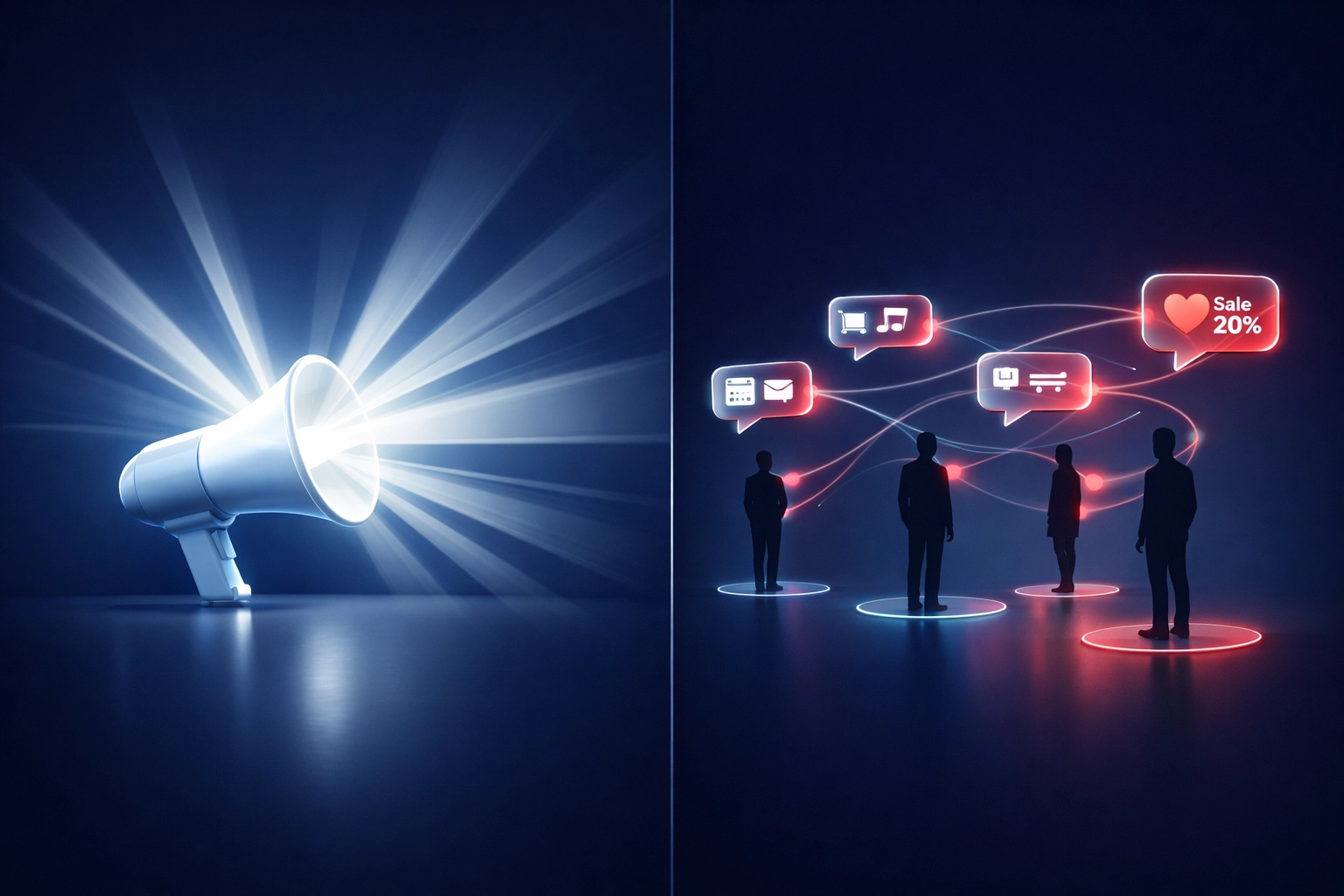 Generic content versus AI personalization: one-size-fits-all messaging compared to targeted customer engagement