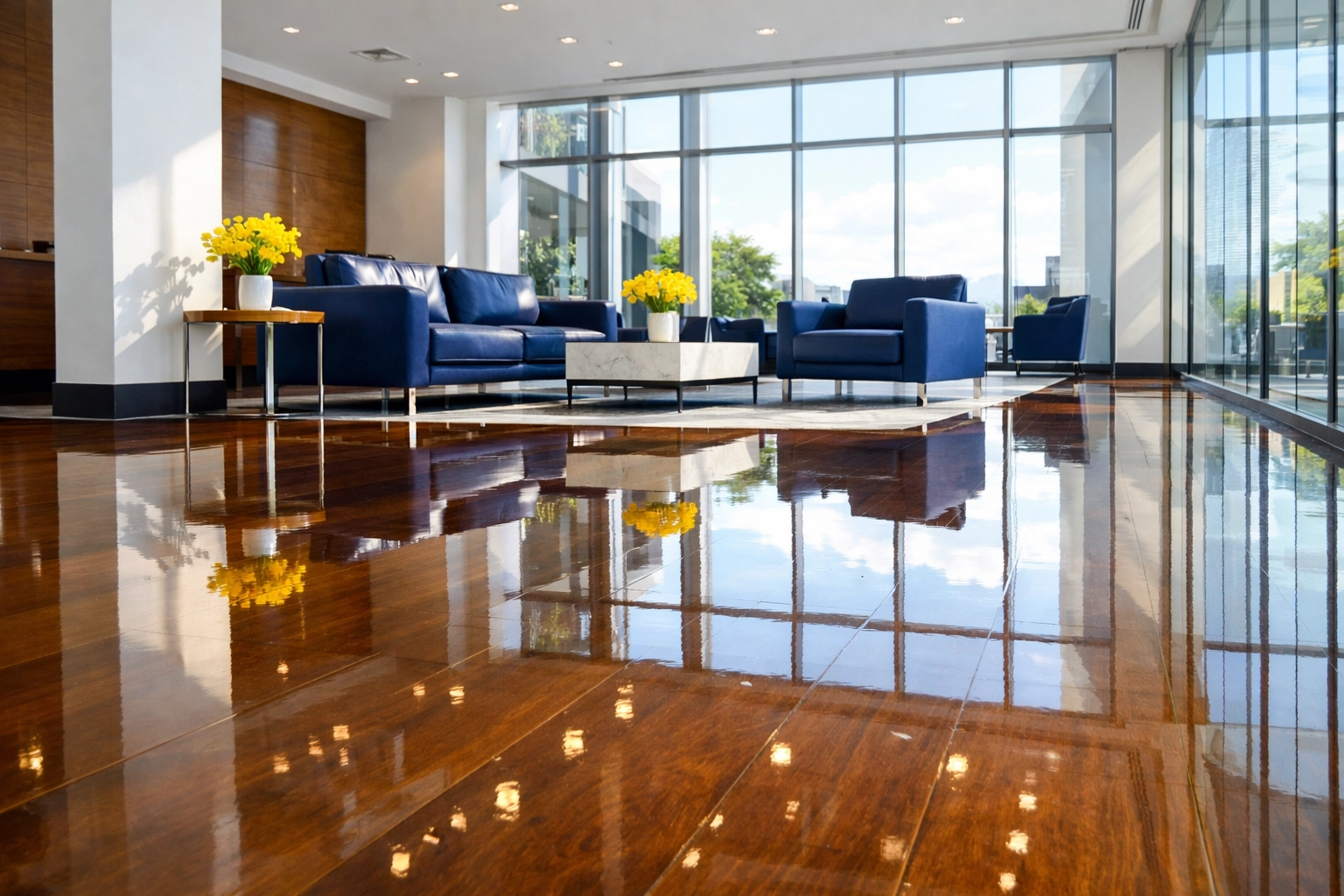 Pristine polished hardwood floors in a luxury commercial lobby serviced by Office Cleaning Milford experts.