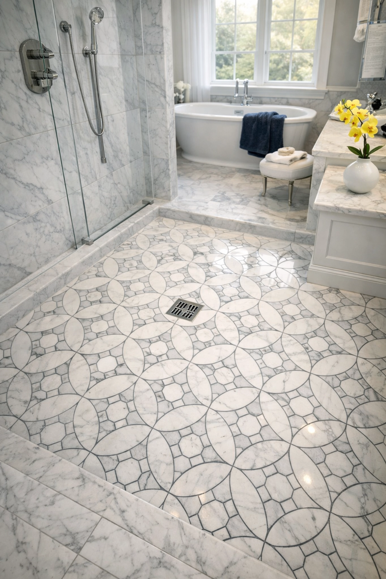 Expert residential cleaning in Massachusetts for marble tiles and grout in a luxury Weston bathroom.