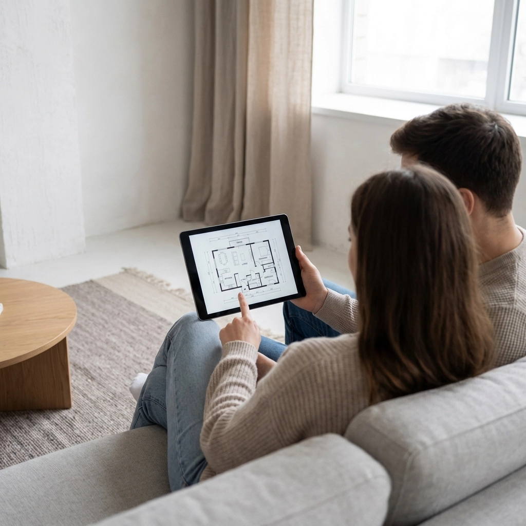 Couple reviewing a home floor plan on a tablet in a modern living room, highlighting real estate listing details.