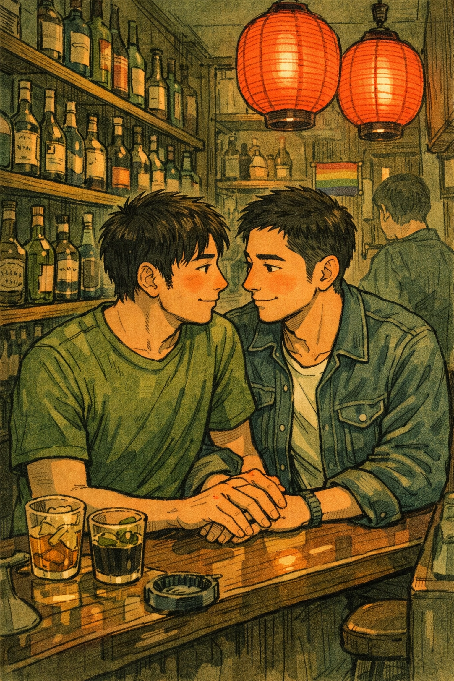 Gay couple connecting at intimate bar in Shinjuku Ni-chōme Tokyo's LGBTQ district