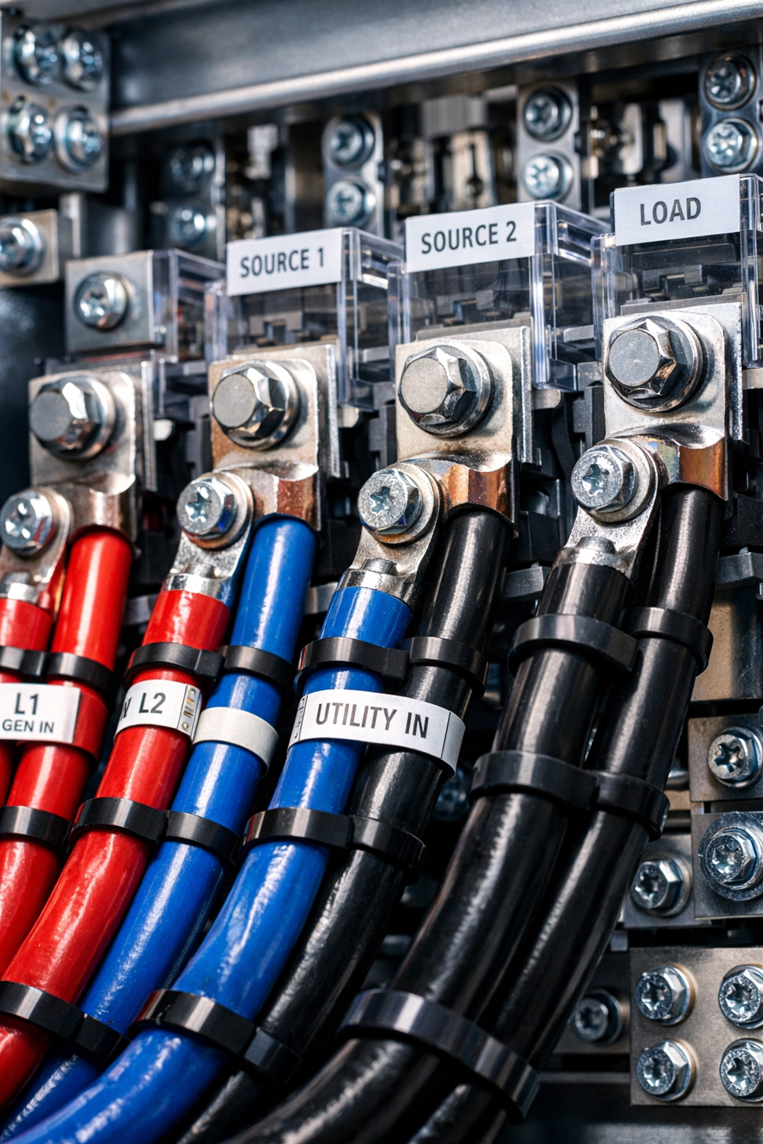 Professional wiring and installation of an automatic transfer switch for a commercial generator.