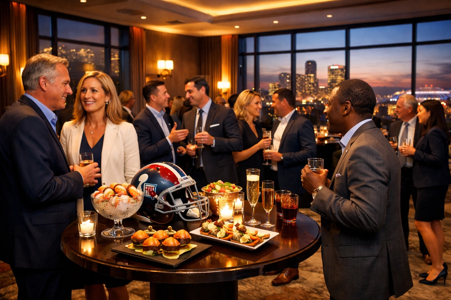 Corporate hospitality event during Super Bowl week with executives networking at cocktail reception