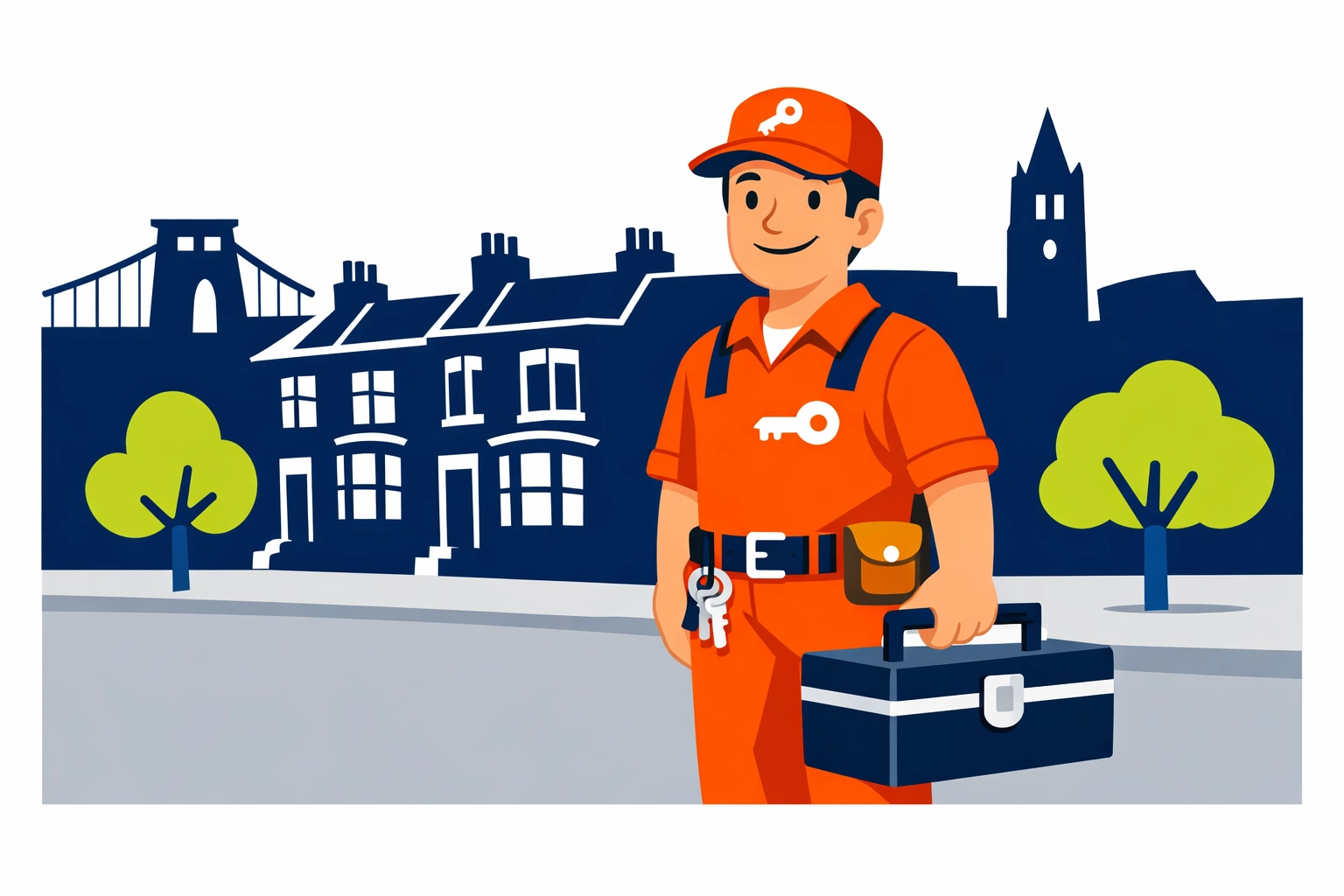 Professional local locksmith in a Bristol street with terraced houses, offering reliable home security services.