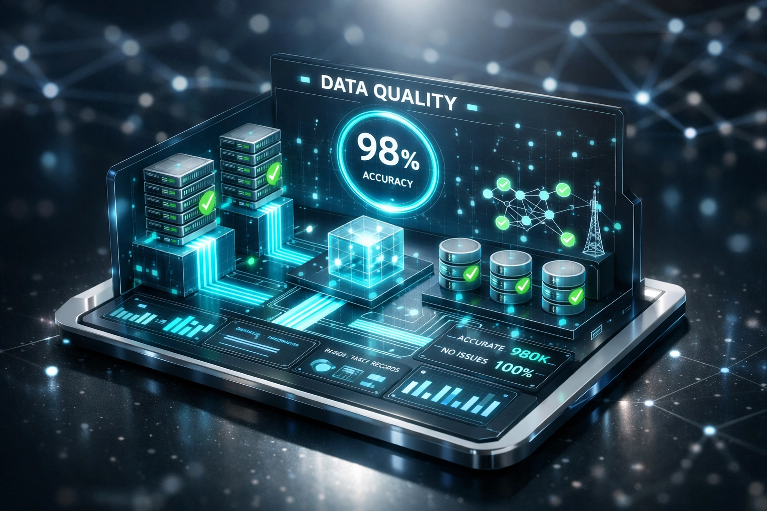 ServiceNow CMDB dashboard displaying 98% data quality accuracy with configuration items and servers