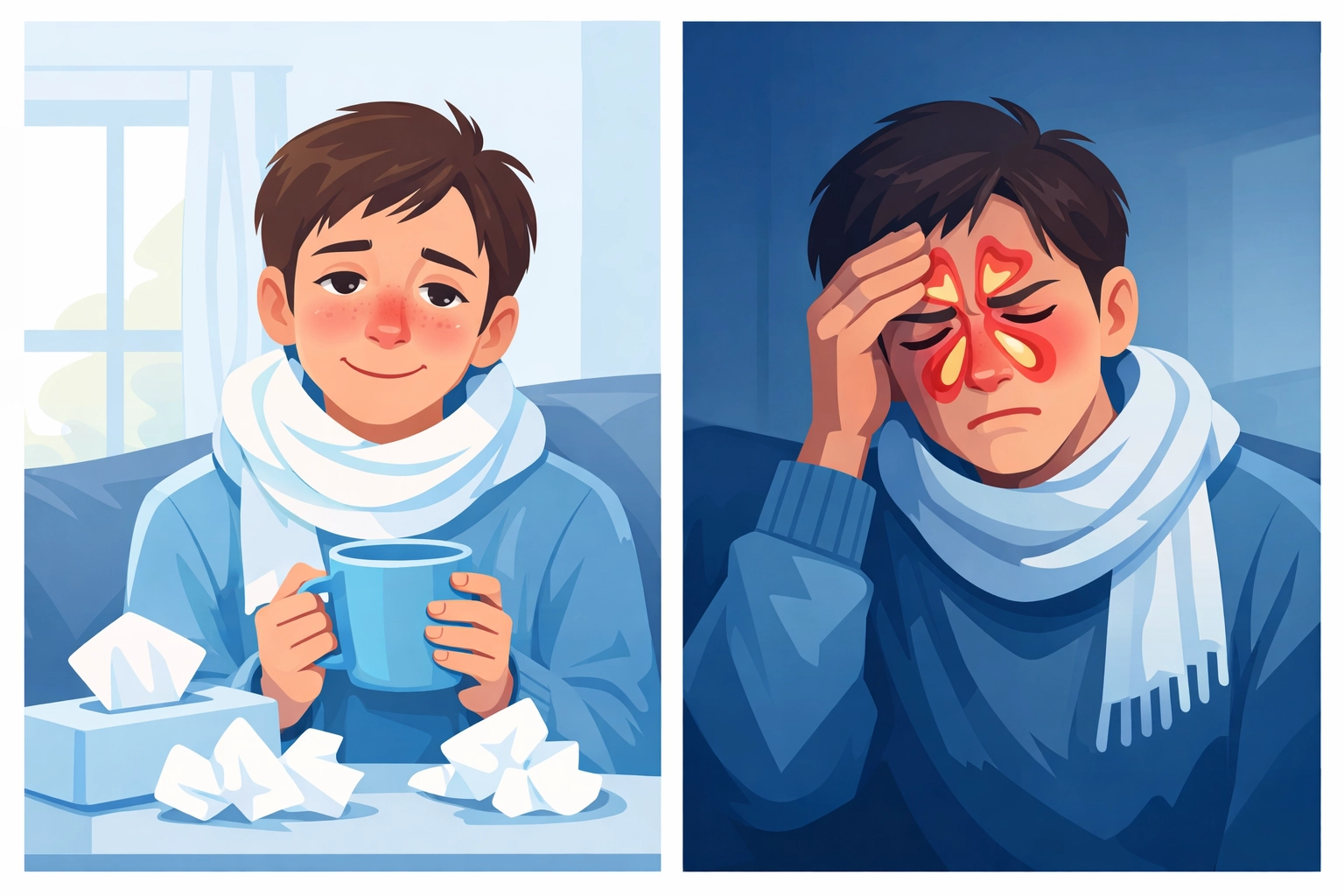 Comparison of person with common cold versus sinus infection showing facial pain and symptoms