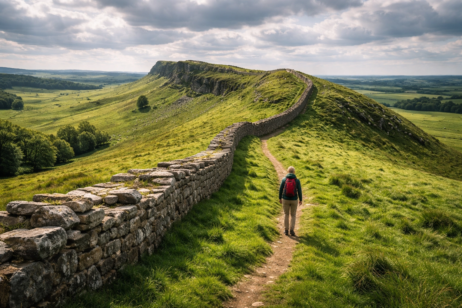 Hiker walking beside Hadrian's Wall along green hills in Northumberland on a guided hiking tour UK route.