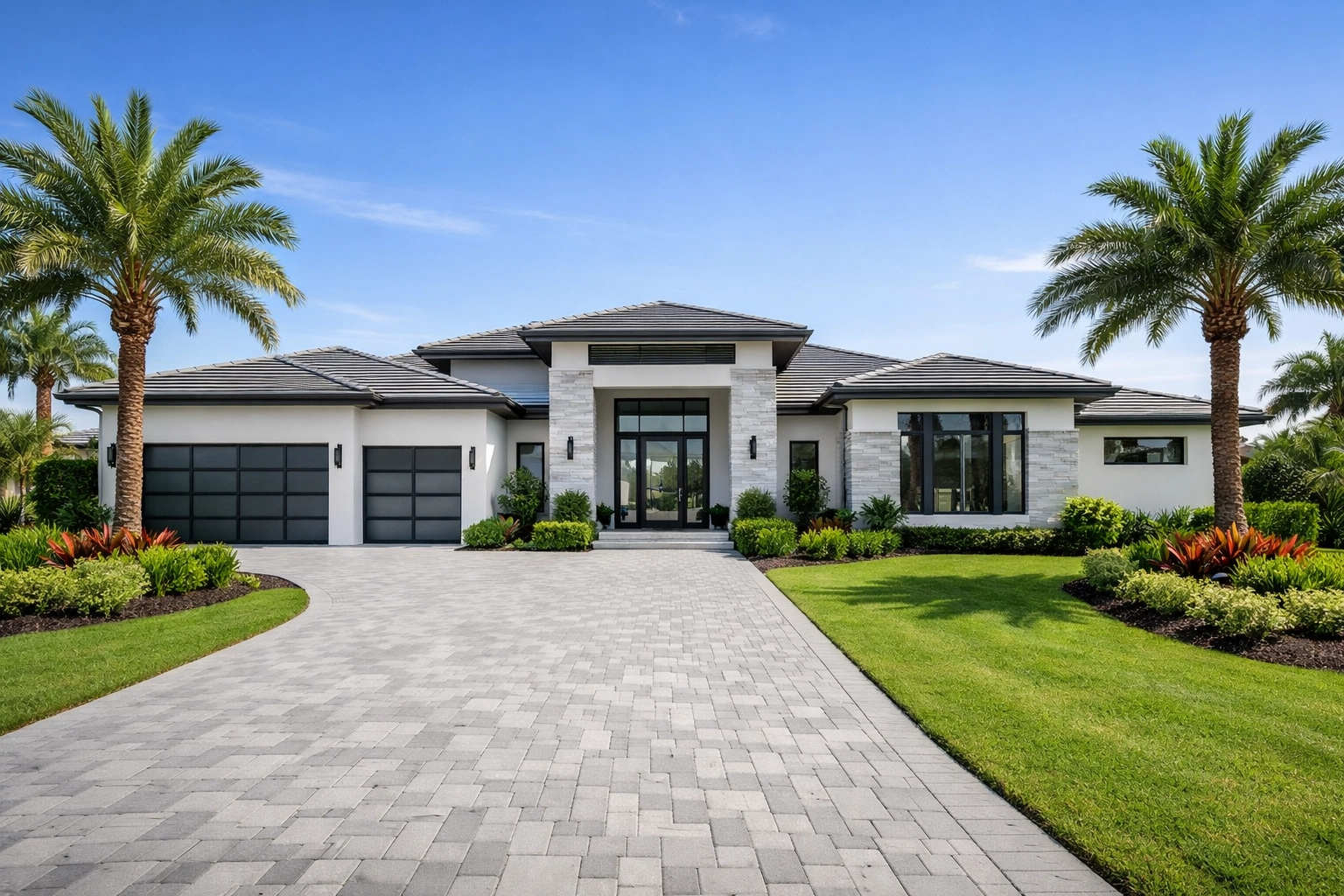 Modern single-story villa for retirement planning in Wesley Chapel FL with professional landscaping.