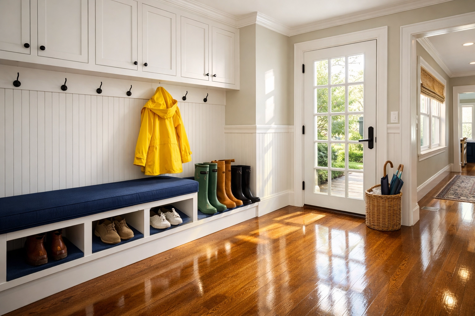Organized mudroom with polished floors showcasing a successful deep cleaning in Massachusetts strategy.