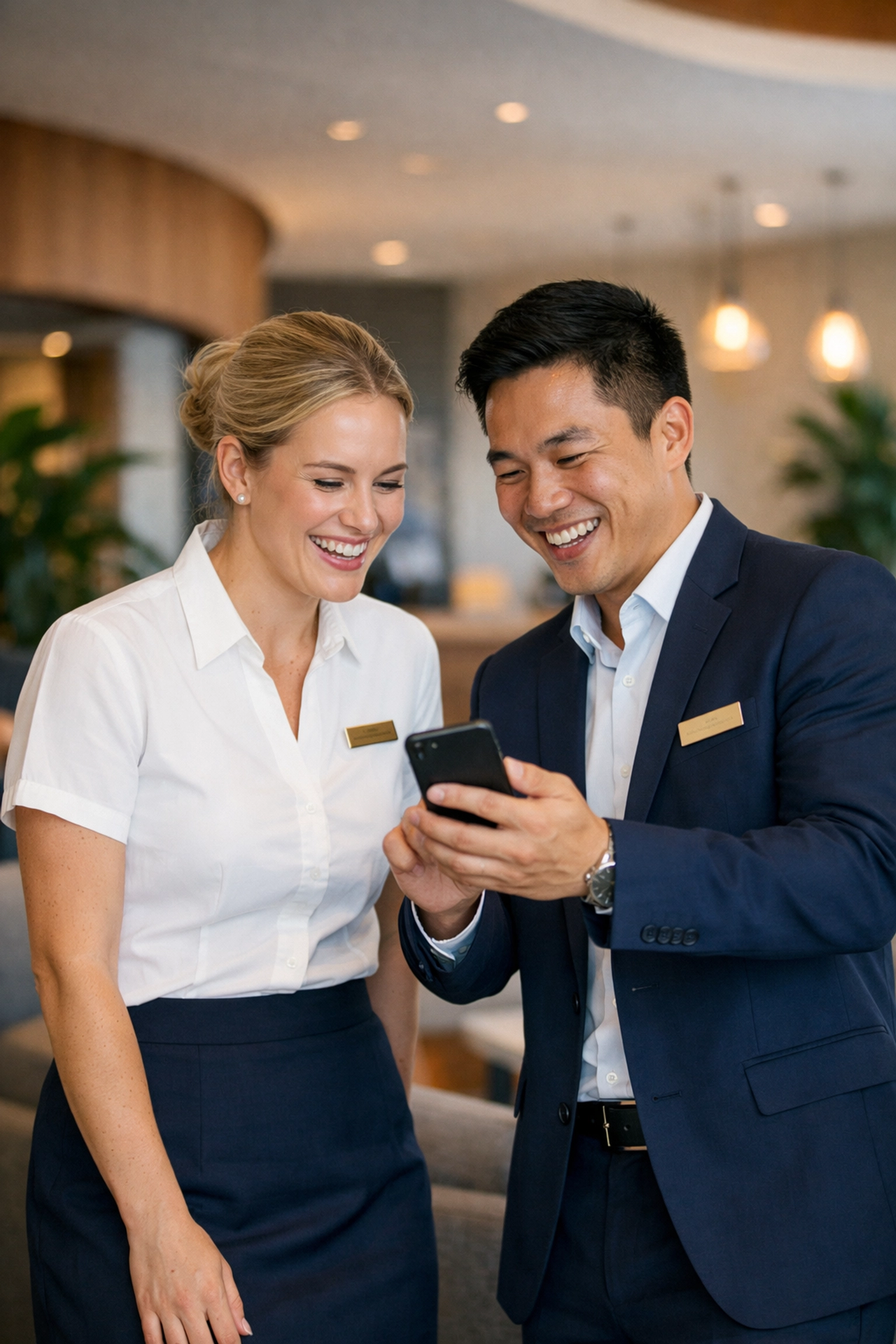 Hotel staff using mobile technology for operational excellence and guest data management in a modern lobby.