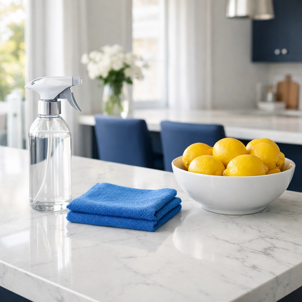 Professional cleaning tools on a kitchen counter, showcasing expert house cleaning in Townsend MA.