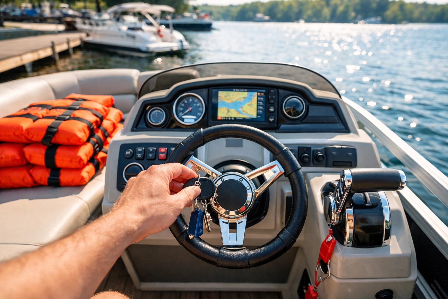 First-person view of pontoon boat controls and safety life jackets prepared for a rental trip.