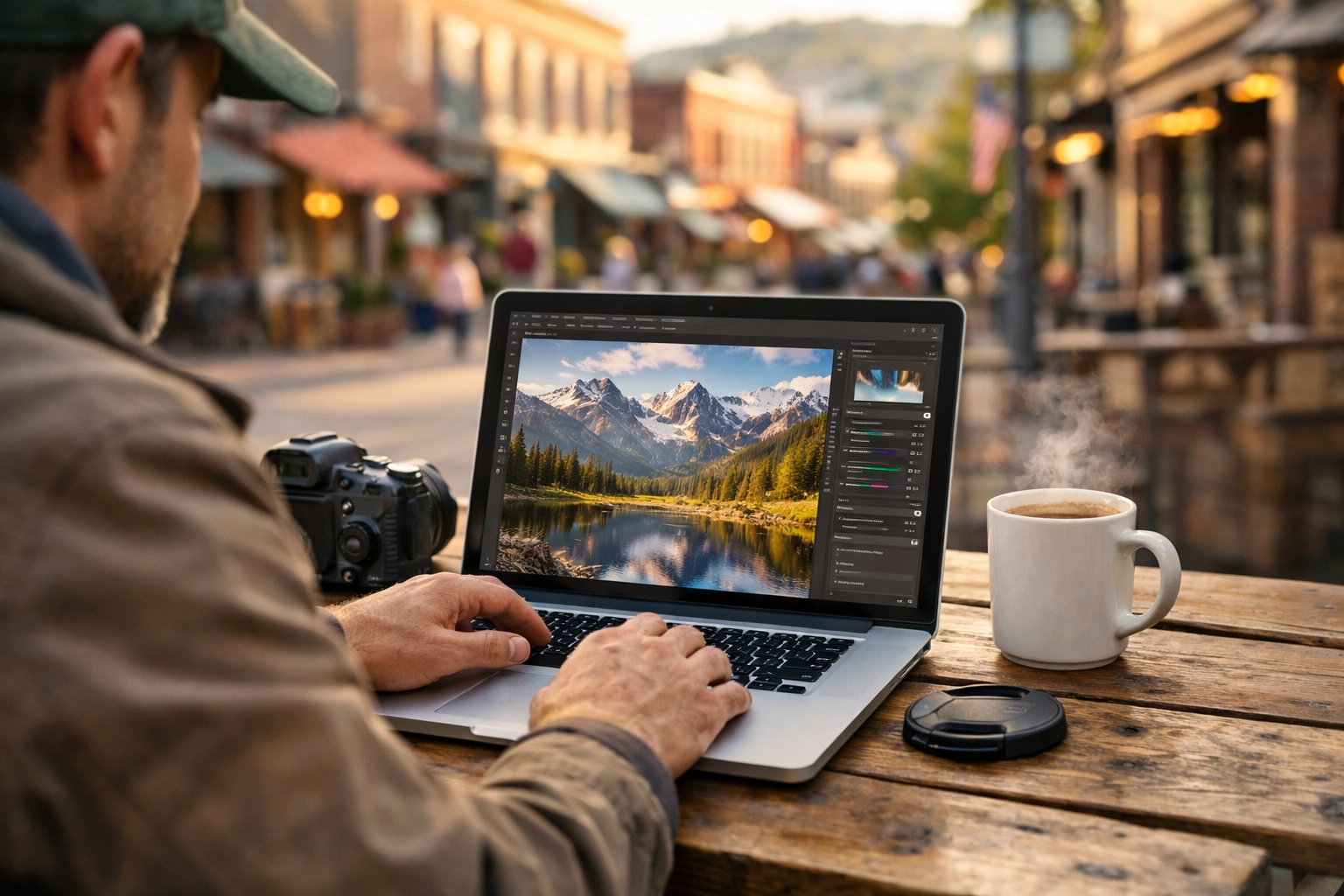 The Ultimate Guide to Travel Photography: Everything You Need to Succeed in 2026 4 A photographer editing travel photos at a cafe in Golden, Colorado, demonstrating travel photography tips for 2026.
