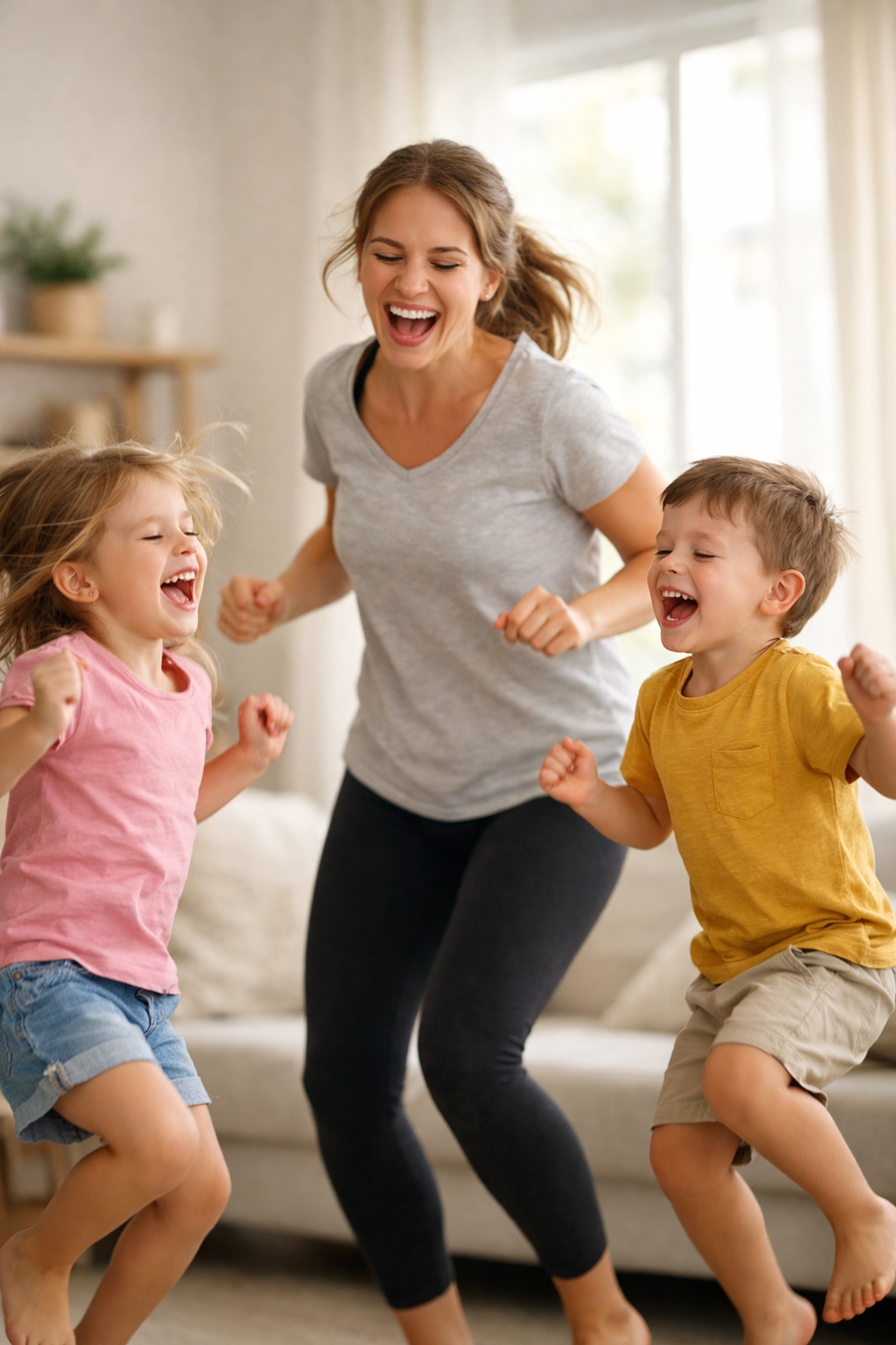 Happy mother and children dancing in a sunlit living room to promote a healthy family lifestyle.