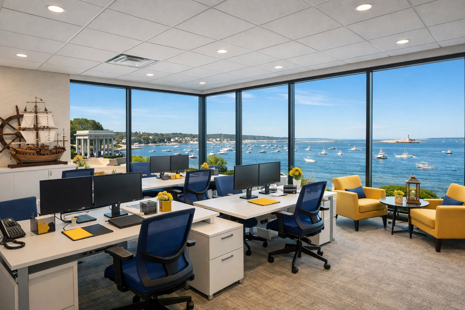 Modern office suite in Plymouth MA with harbor views, showcasing expert commercial cleaning results.
