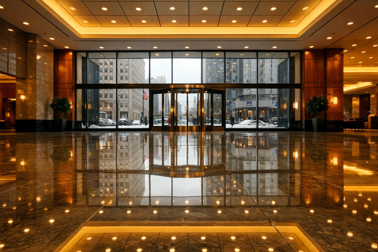 Pristine high-gloss marble lobby floor in a Detroit commercial building showing expert floor maintenance.