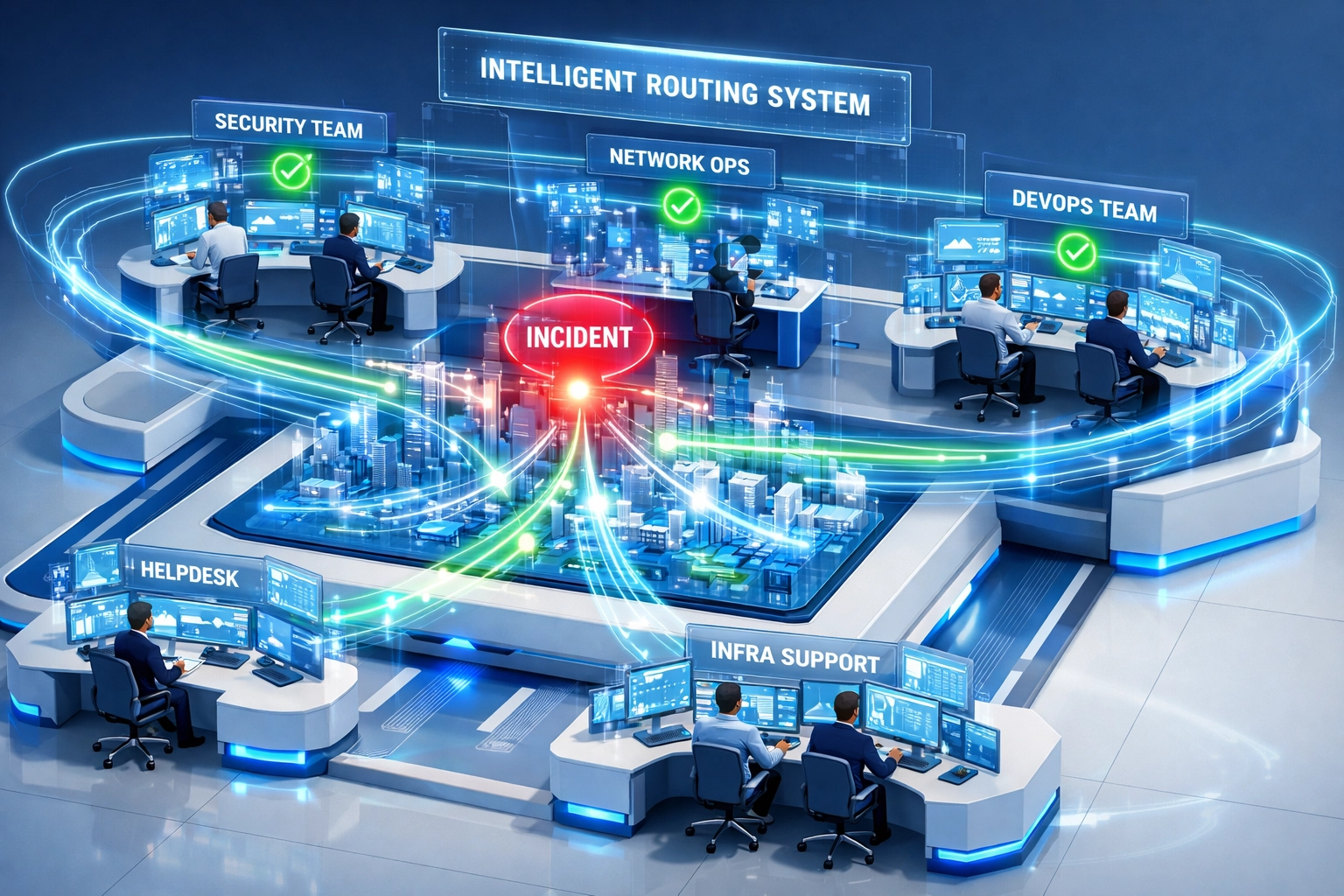 Intelligent AI-powered incident routing system automatically directing alerts to specialist teams