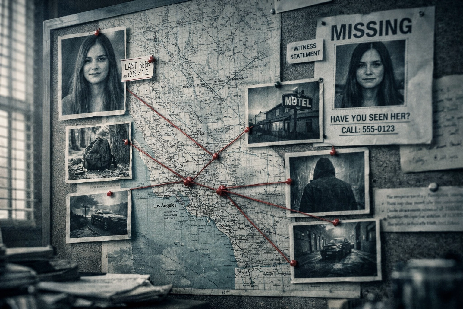 Missing person investigation board with photographs and California map connections