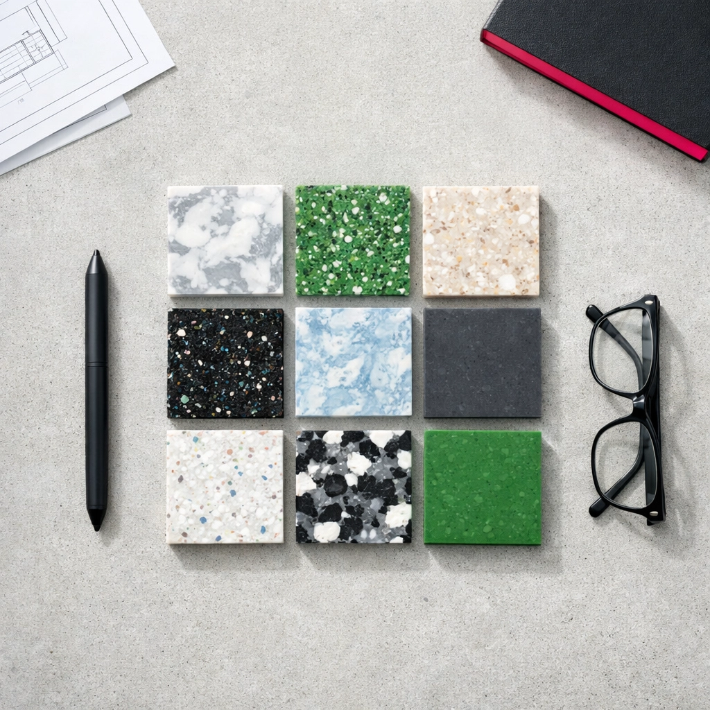 Sustainable building material samples on an architect's desk for 2026 construction tenders.