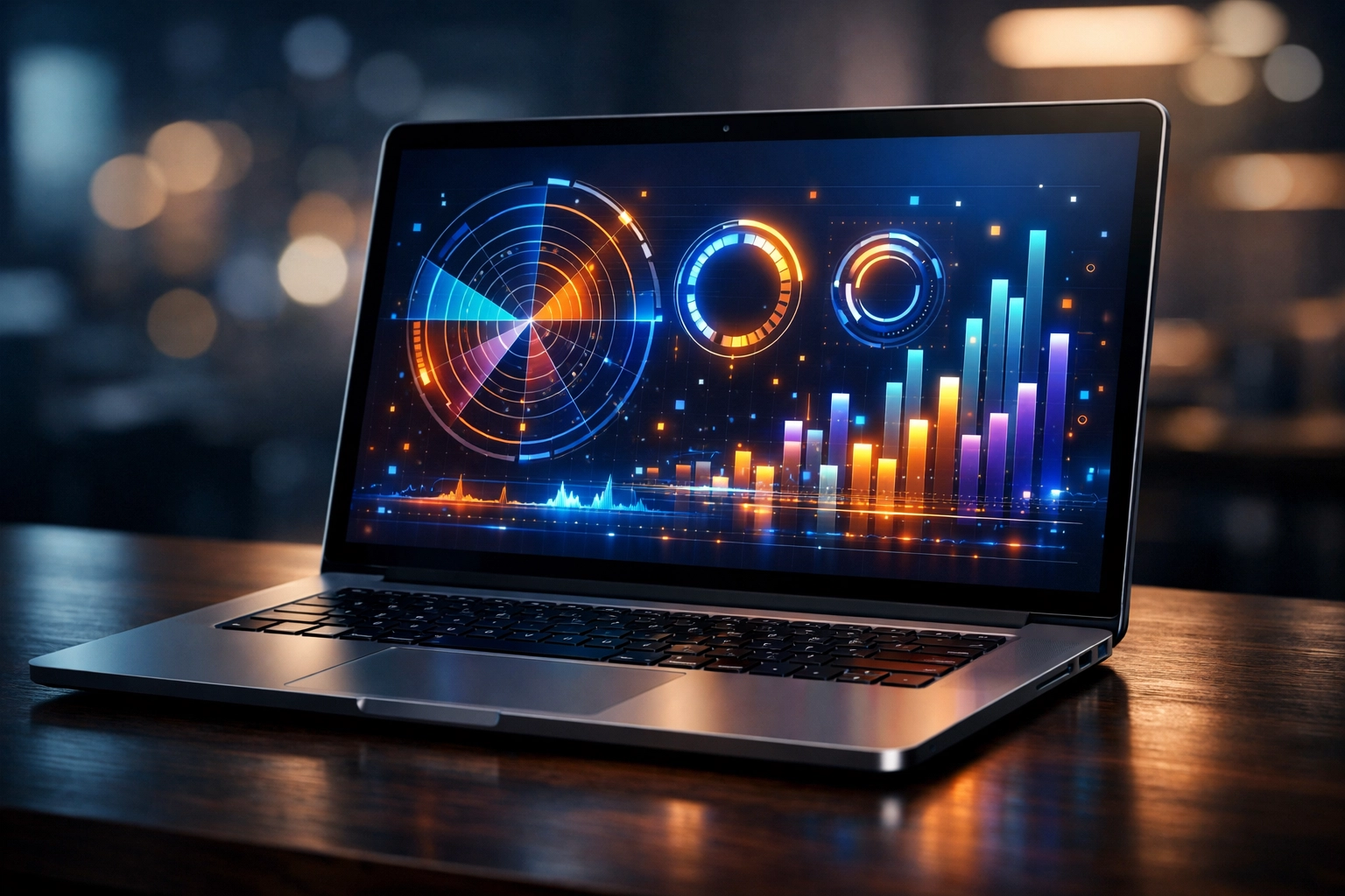 Laptop displaying an advanced SEO analytics dashboard for AI content optimization and keyword analysis.