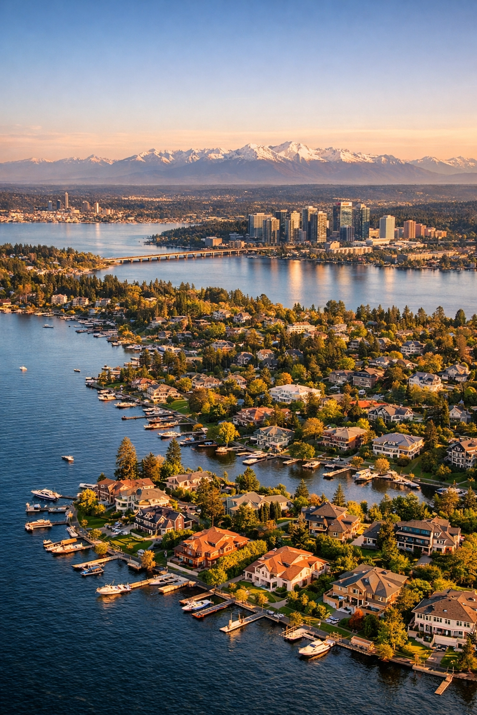 Aerial view of Seattle-Bellevue neighborhoods showing high-value Washington State homes