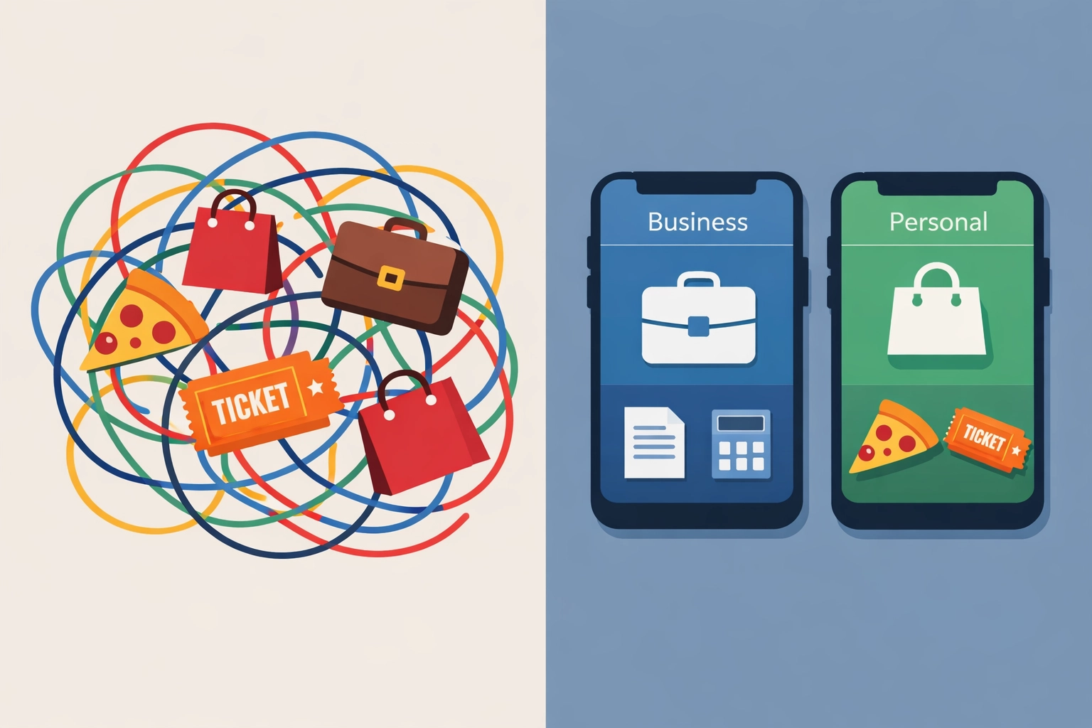 Organized tax planning contrasting messy personal transactions with business payment apps
