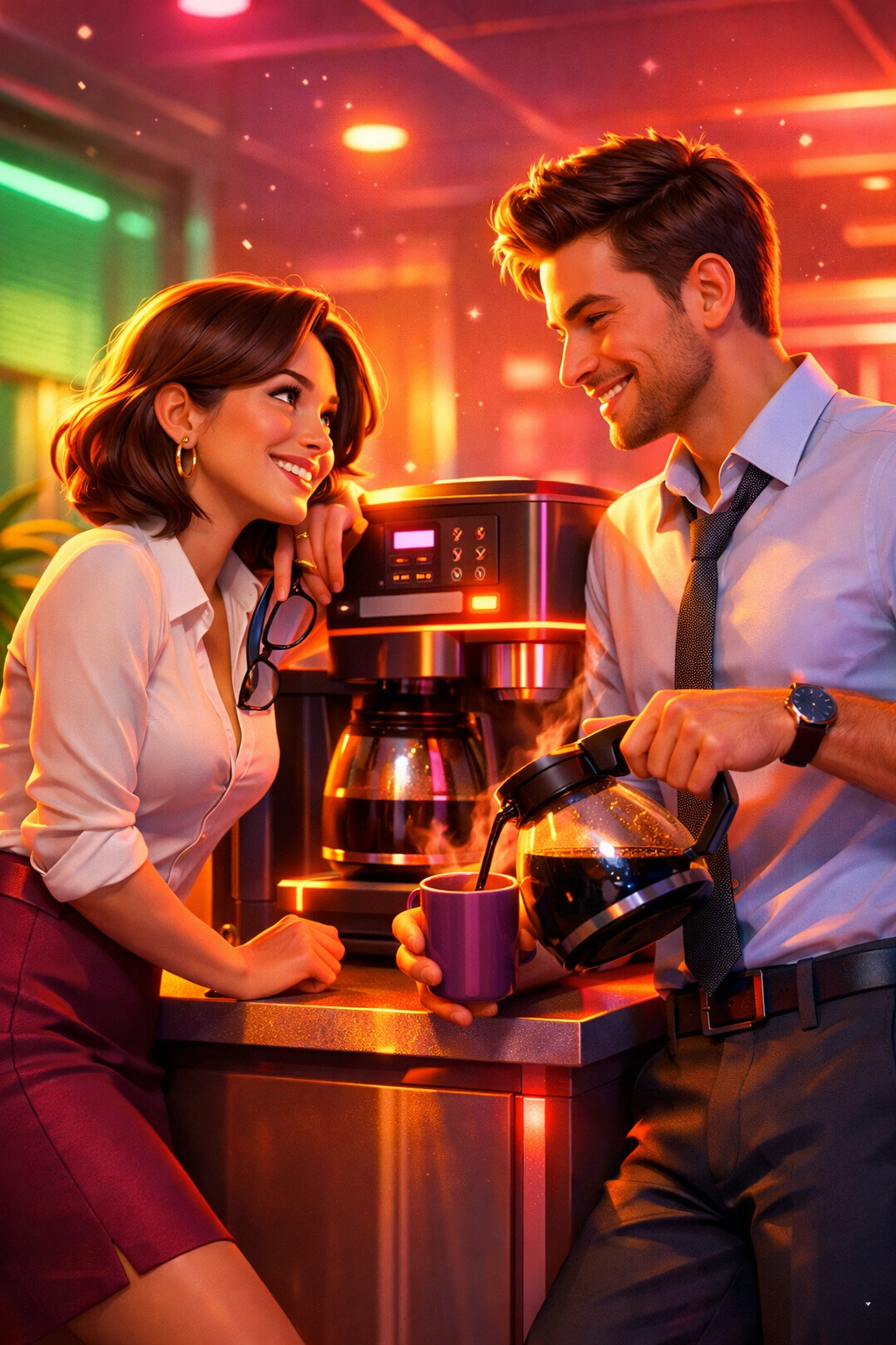 Coworkers flirting at office coffee machine, illustrating workplace romance in 2026