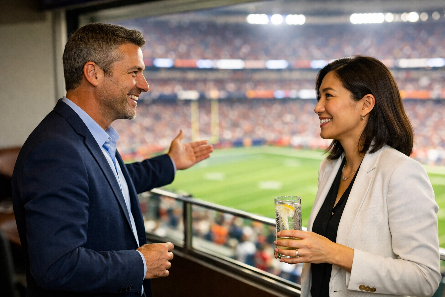 Executives closing business deals and networking inside a luxury stadium suite.