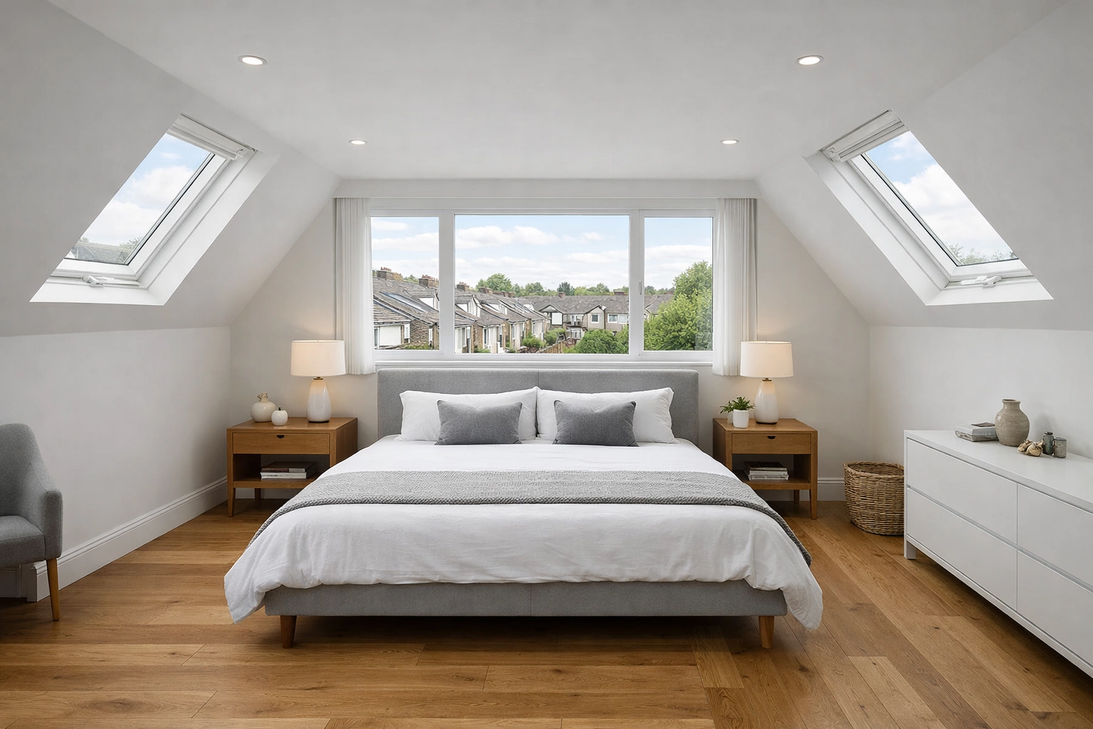 Modern master bedroom loft conversion interior with dormer windows in a London terraced house.