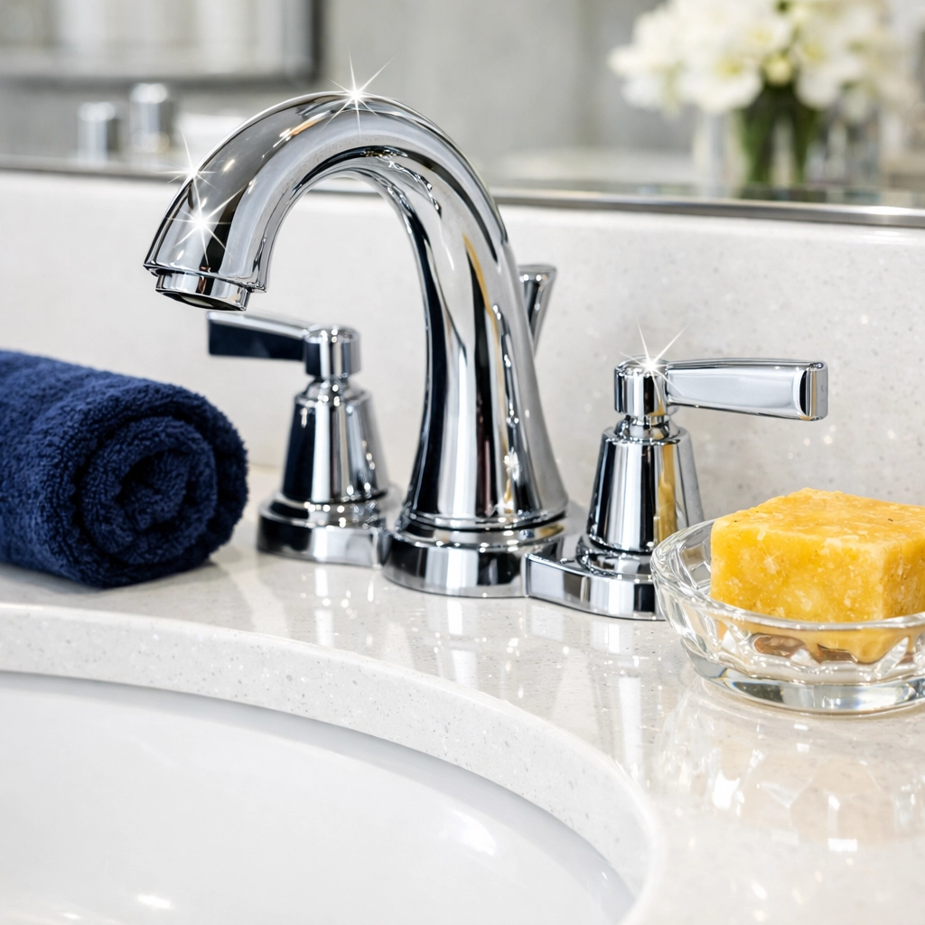 Sparkling bathroom vanity with a polished chrome faucet after weekly house cleaning Barre MA.