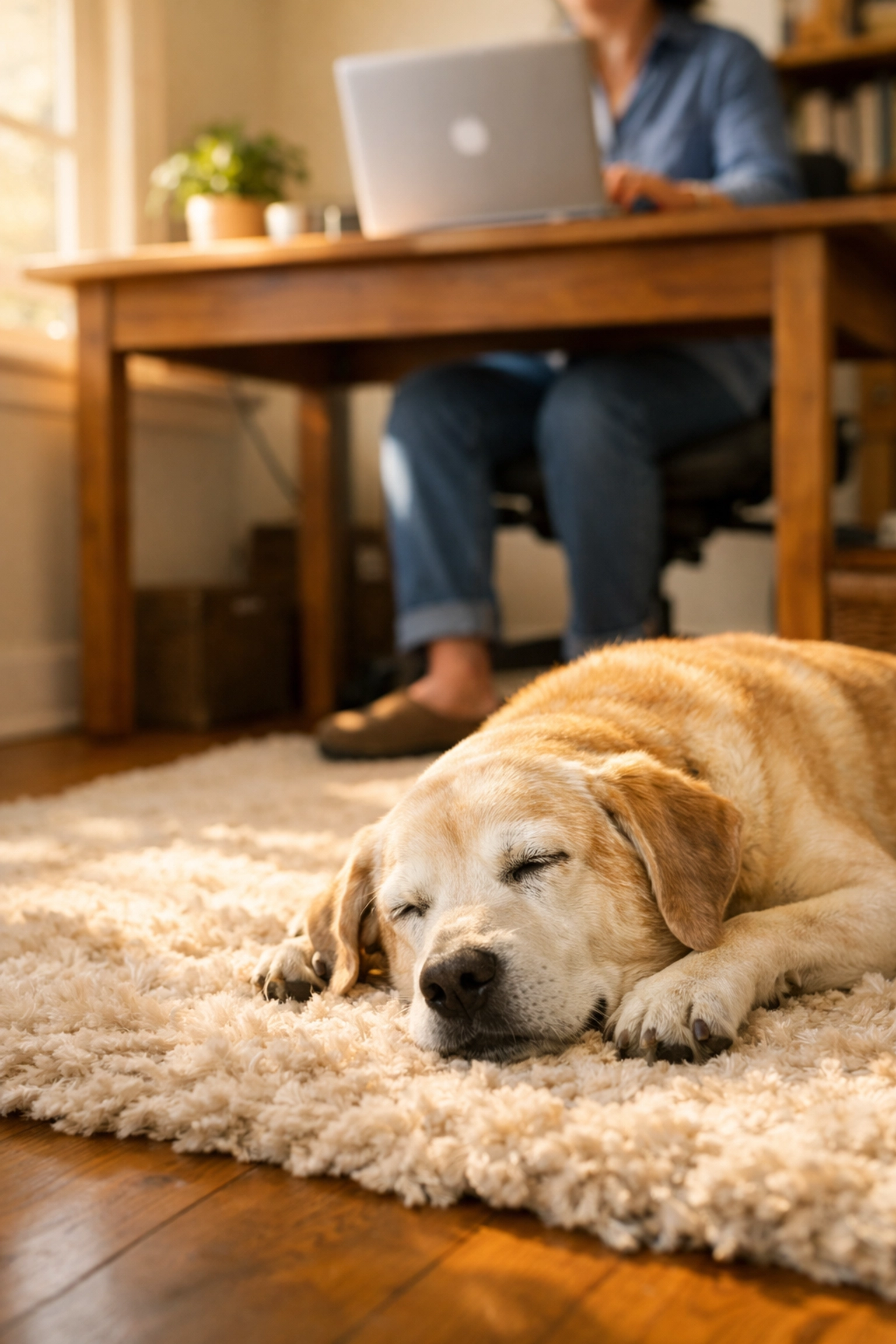 Senior dog rescue pet napping peacefully in a home office under a desk while a foster parent works.