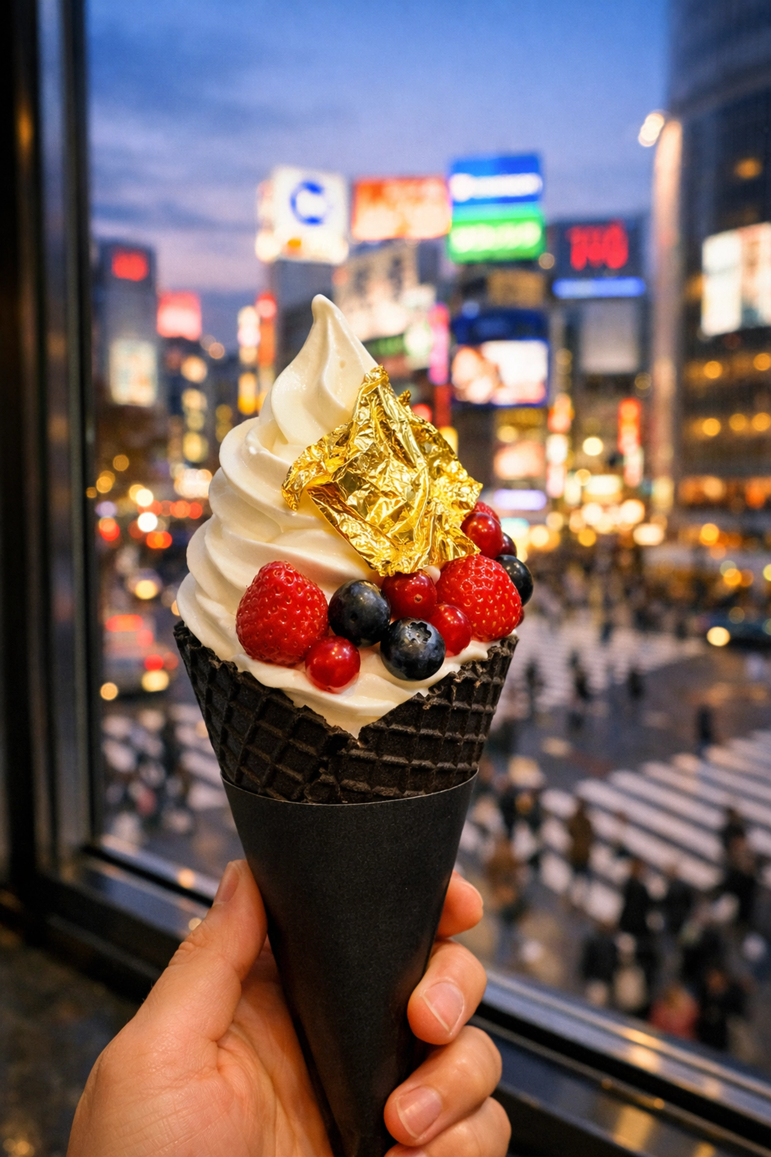 Gourmet gold leaf ice cream in Shibuya, featuring the city skyline for a perfect Instagram feed post.