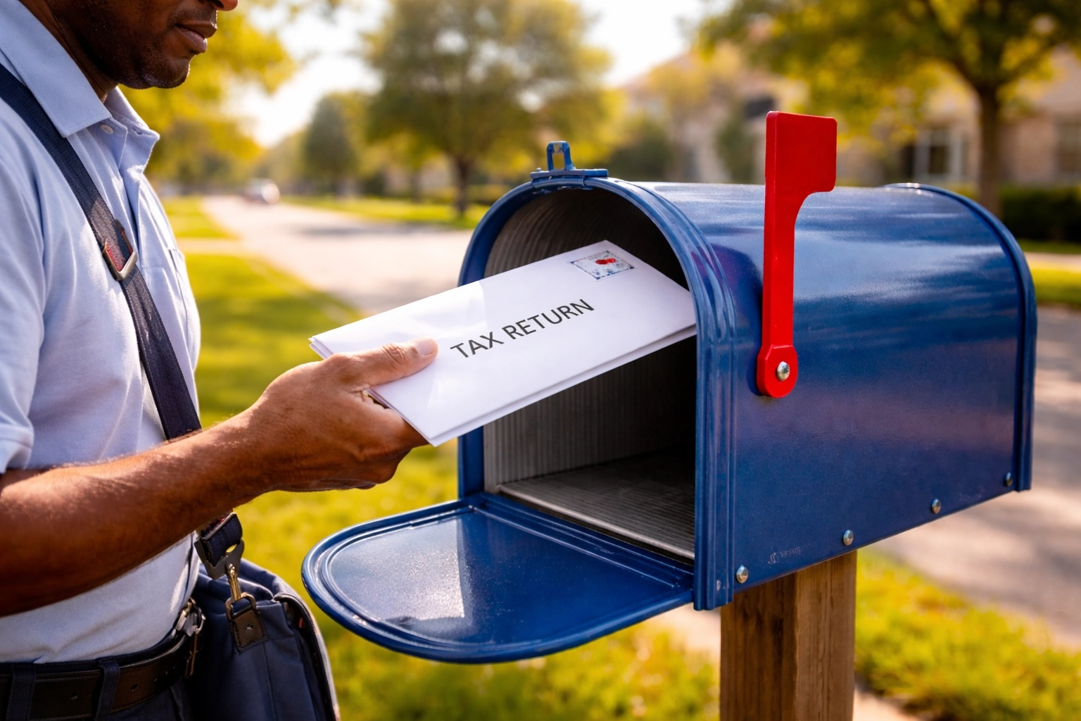 Mail carrier delivers paper tax return envelope to a residential mailbox, illustrating IRS refund delay due to paper filing.