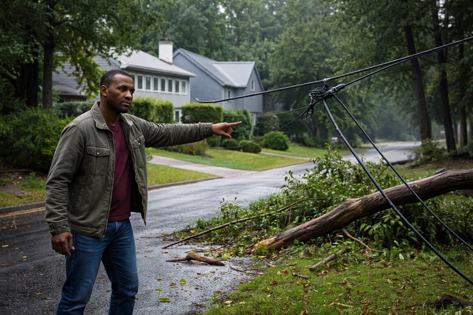 African American homeowner points toward a downed power line in Atlanta after a storm, signaling an emergency electrical hazard.