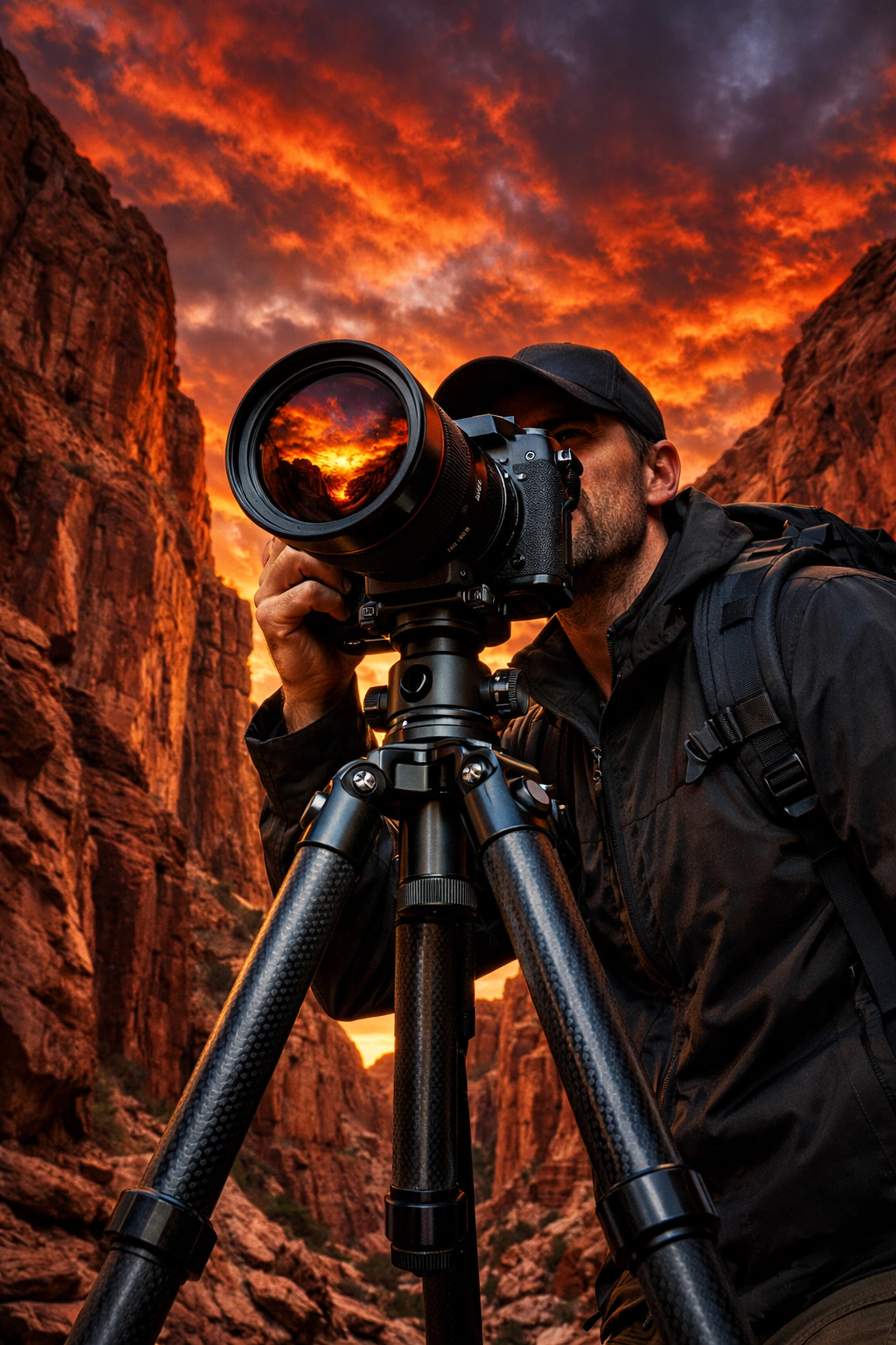 Professional mirrorless camera gear being used to capture a desert sunset in a canyon