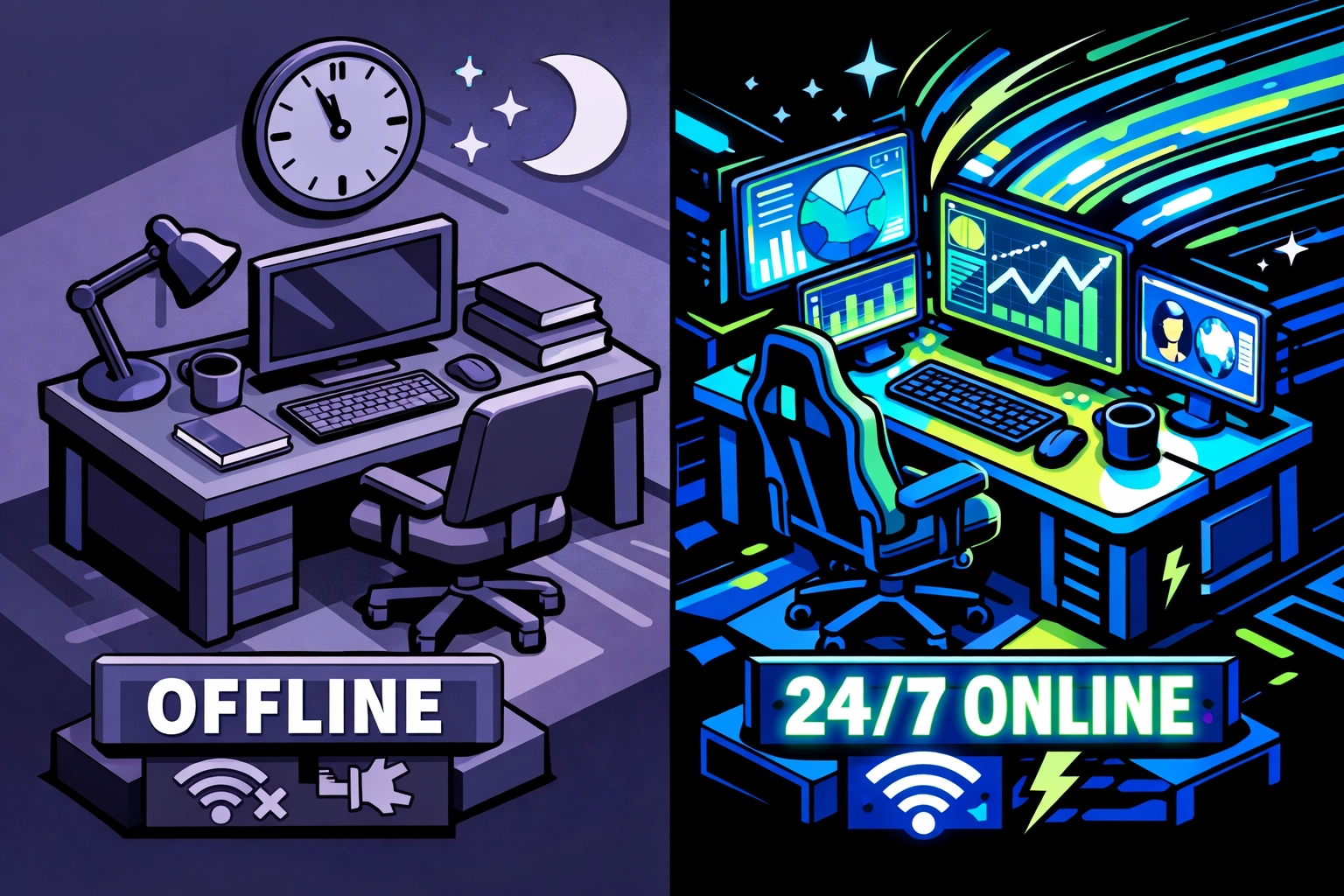 Traditional VA offline at night vs AI virtual assistant working 24/7