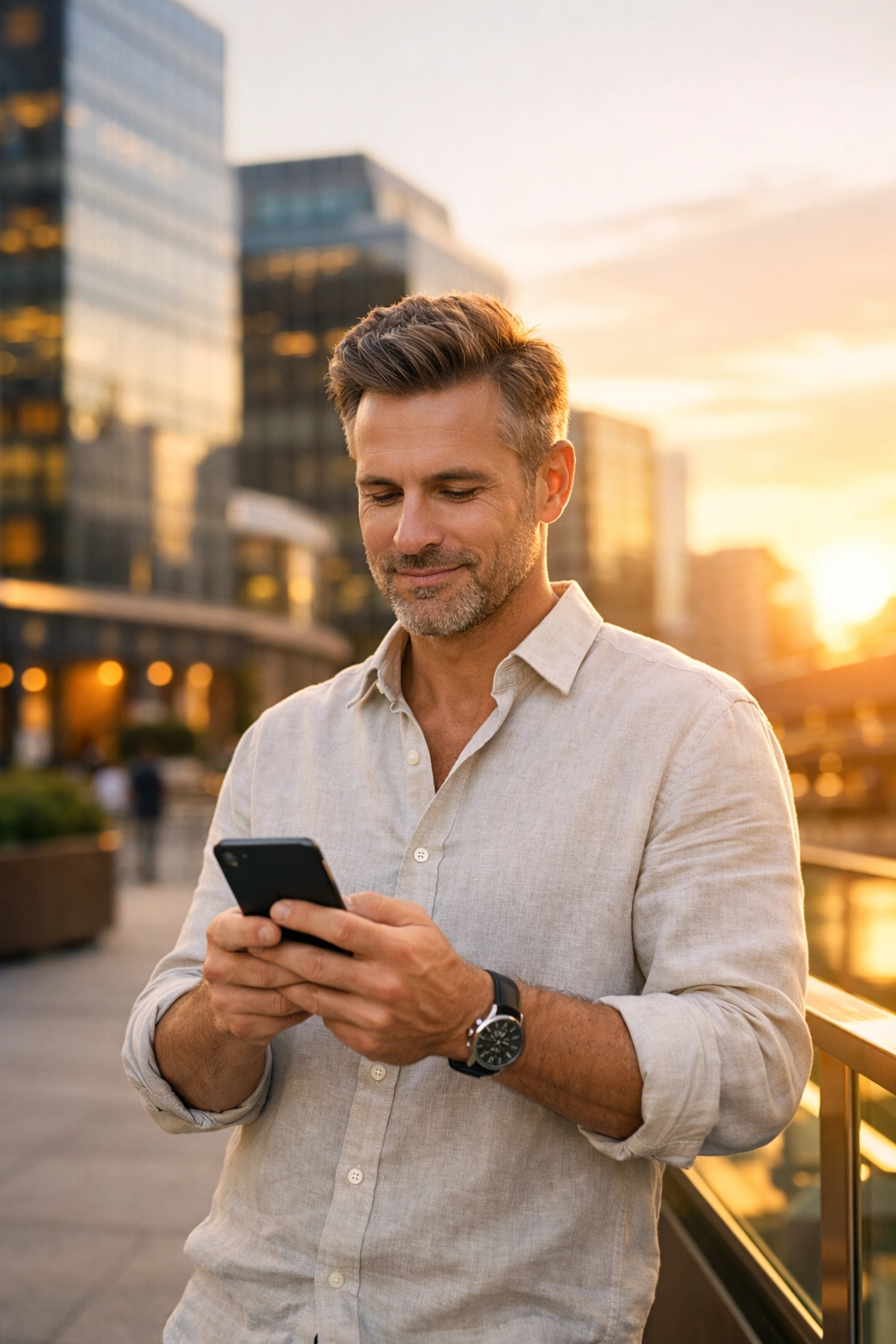 Business professional using a smartphone to manage automated lead tracking and CRM follow-ups on the go.