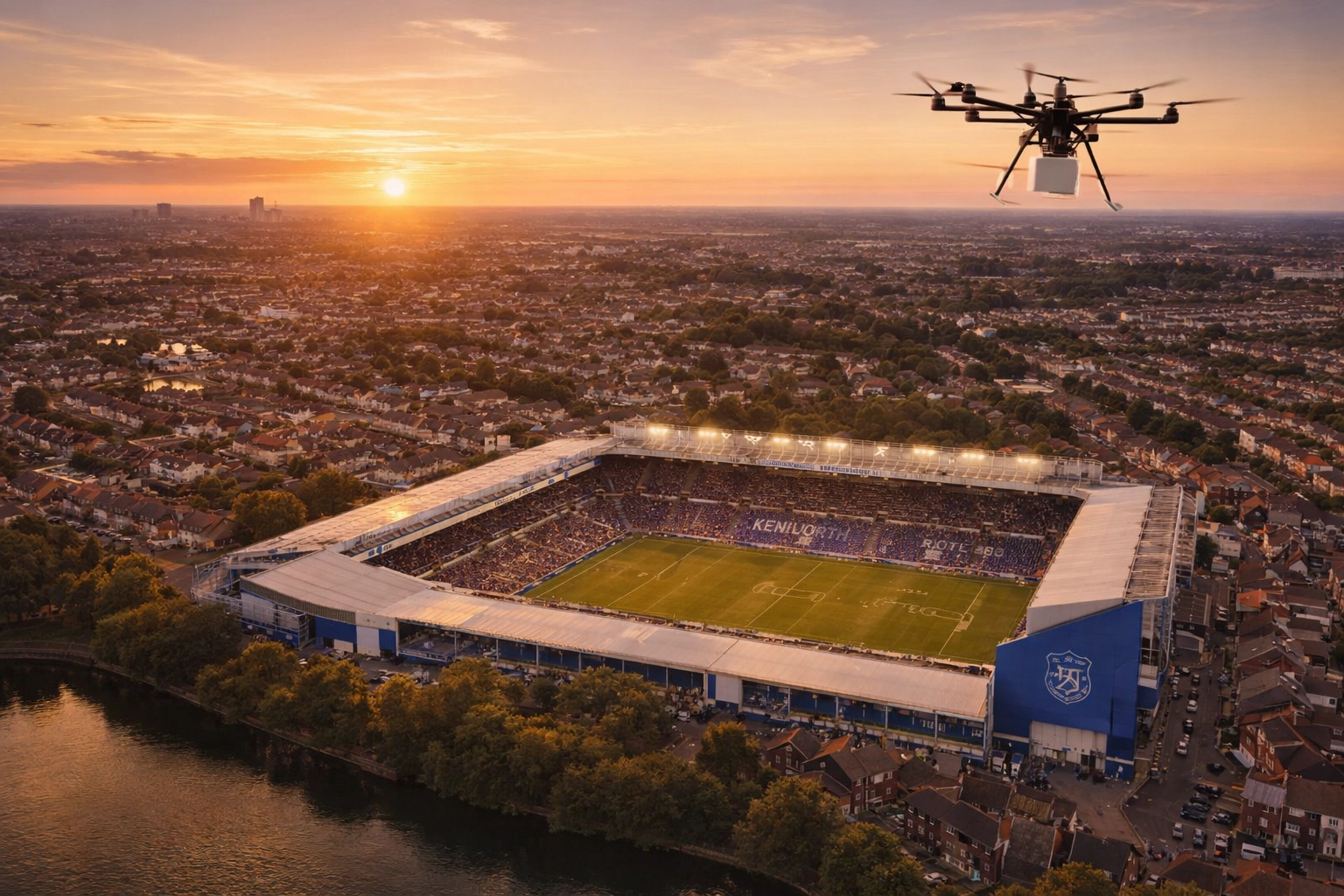 A wide-angle aerial photograph of Kenilworth Road stadium in Luton, England, captured at sunset. A professional drone is visible in the upper corner of the frame, flying gracefully in a clear sky.