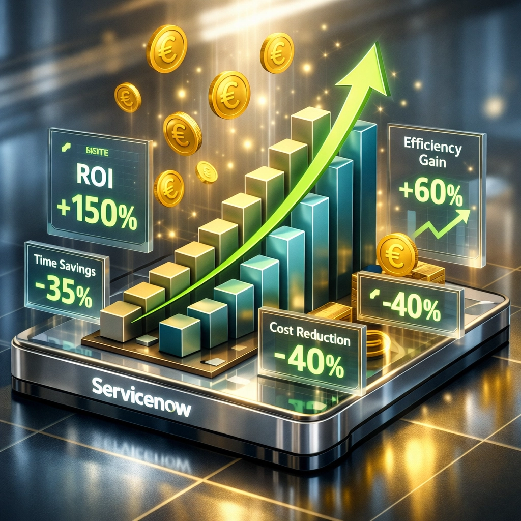 ServiceNow ITOM ROI metrics showing €4.2M savings and operational efficiency gains for EU banks