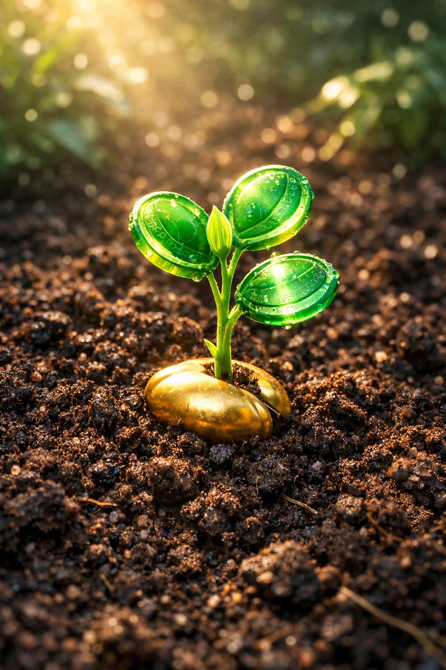 A growing sapling with emerald coin leaves, symbolizing the compounding power of dividend growth.