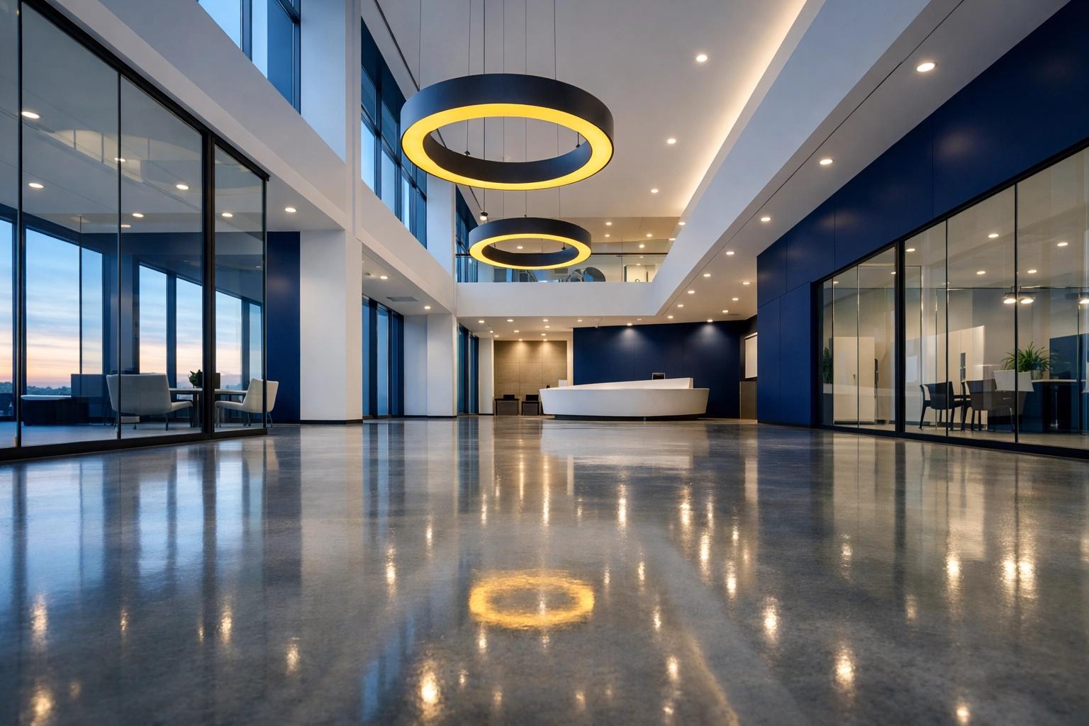 Immaculately clean and polished modern co-working lobby in Needham at sunrise.
