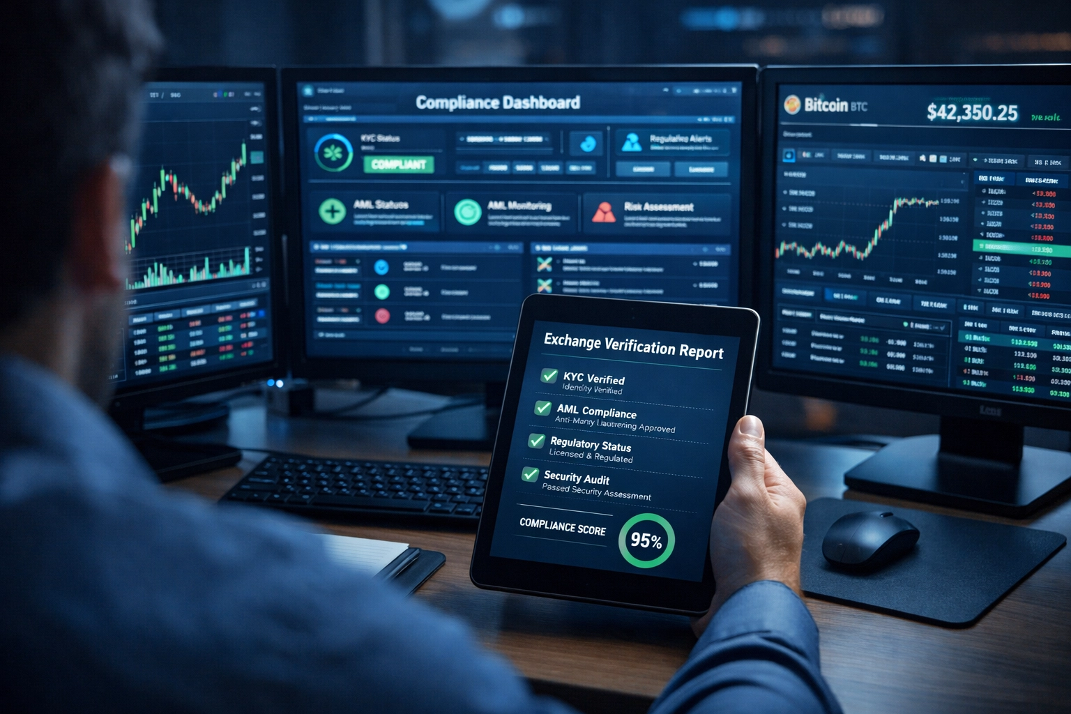 Professional crypto exchange trading desk with compliance monitoring and transparency tools