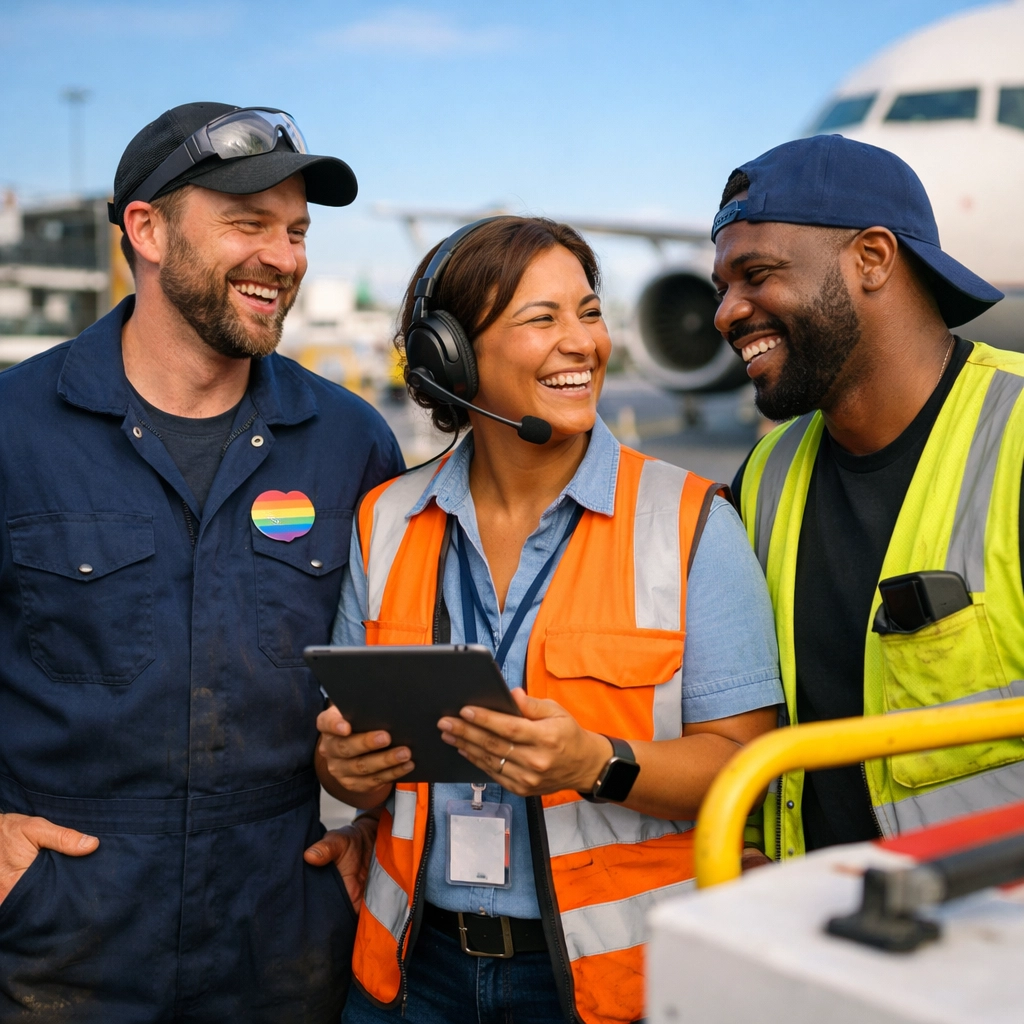 Diverse LGBTQ+ aviation ground crew members including mechanic with pride pin